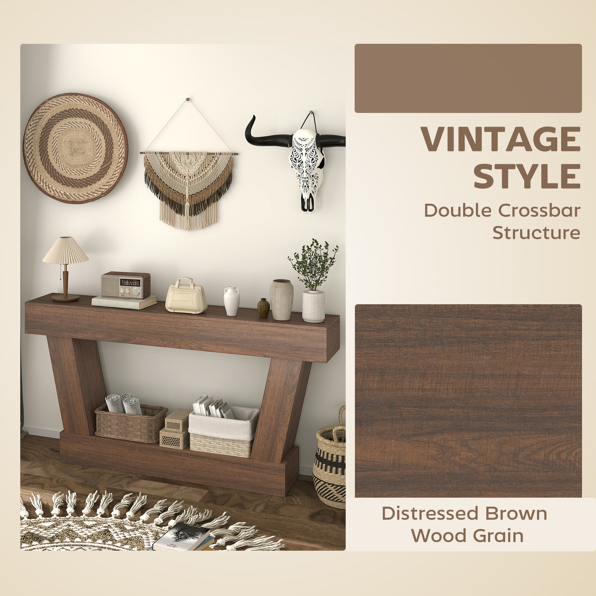 HOMCOM 63 Inch Vintage Console Table, Narrow Entryway Table with Open Shelf for Living Room, Brown