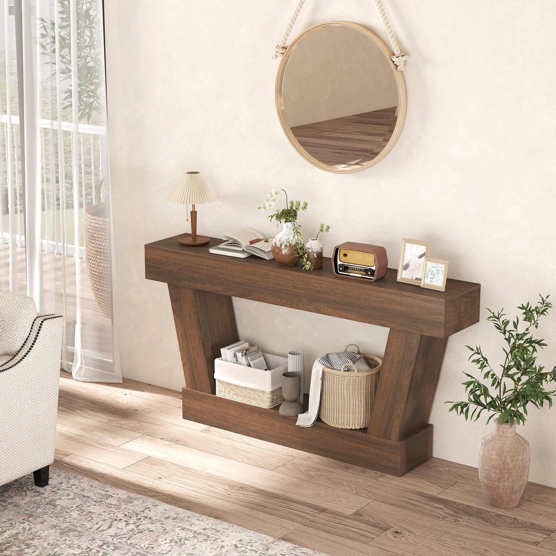 HOMCOM 63 Inch Vintage Console Table, Narrow Entryway Table with Open Shelf for Living Room, Brown