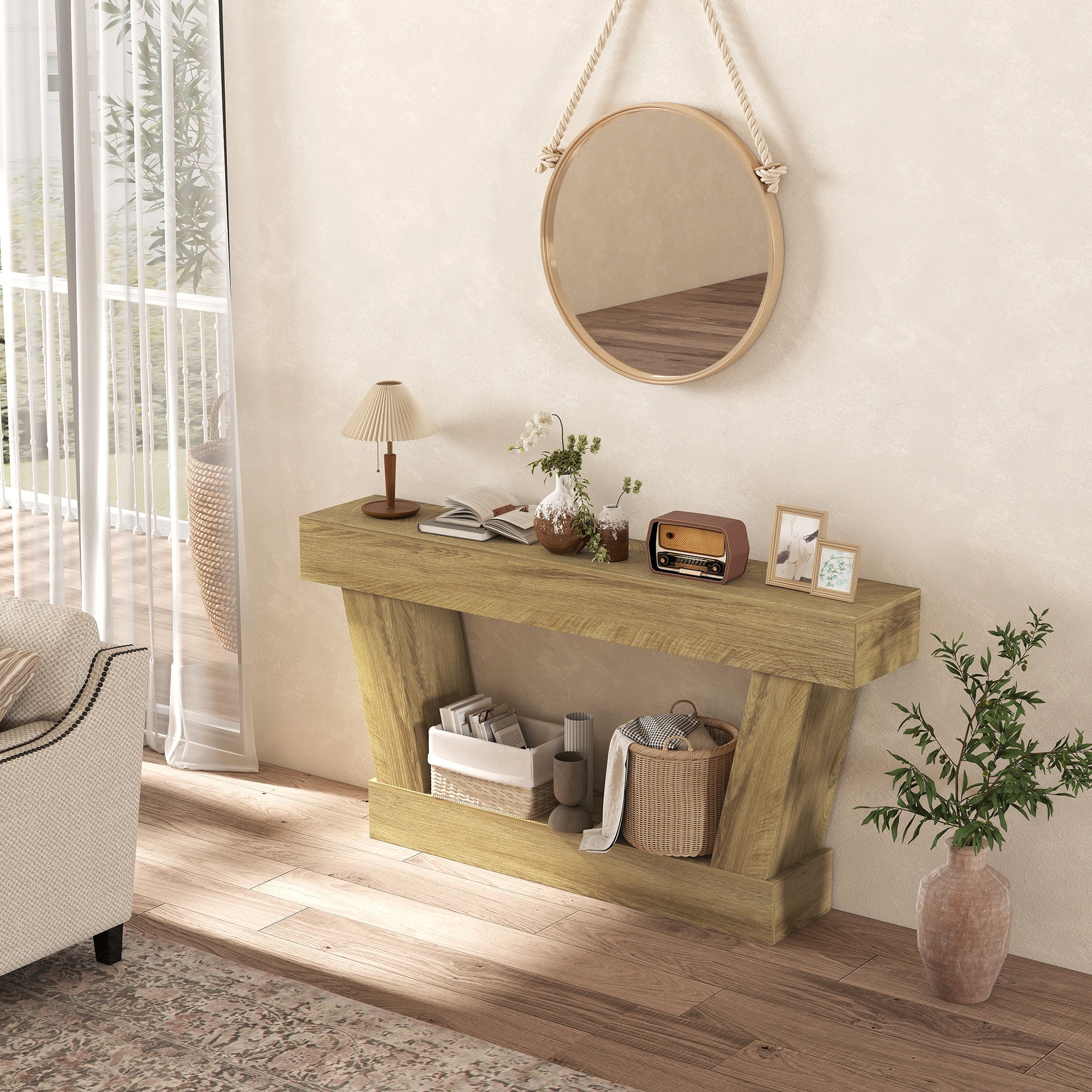 HOMCOM 63 Inch Vintage Console Table, Narrow Entryway Table with Open Shelf for Living Room, Oak
