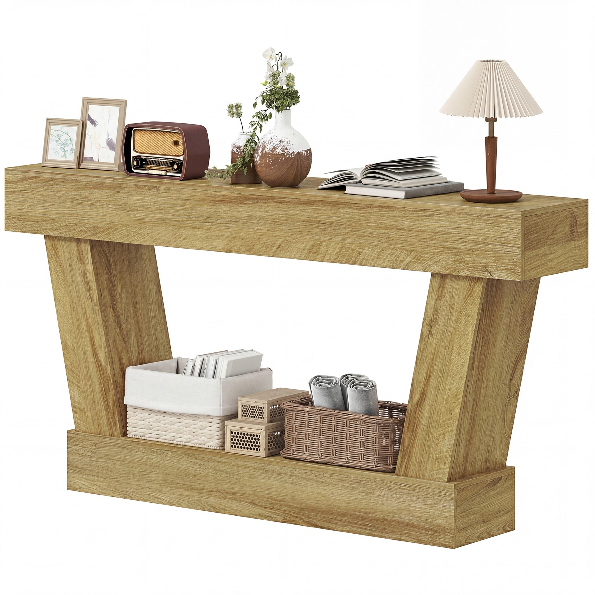 HOMCOM 63 Inch Vintage Console Table, Narrow Entryway Table with Open Shelf for Living Room, Oak