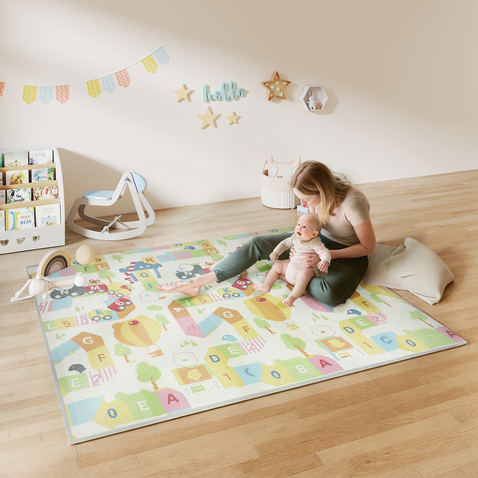 Qaba Foldable & Reversible Baby Play Mat, 79" x 71" Foam Floor Mat, Non-Slip Waterproof Crawling, Alphabet & Cloud Design