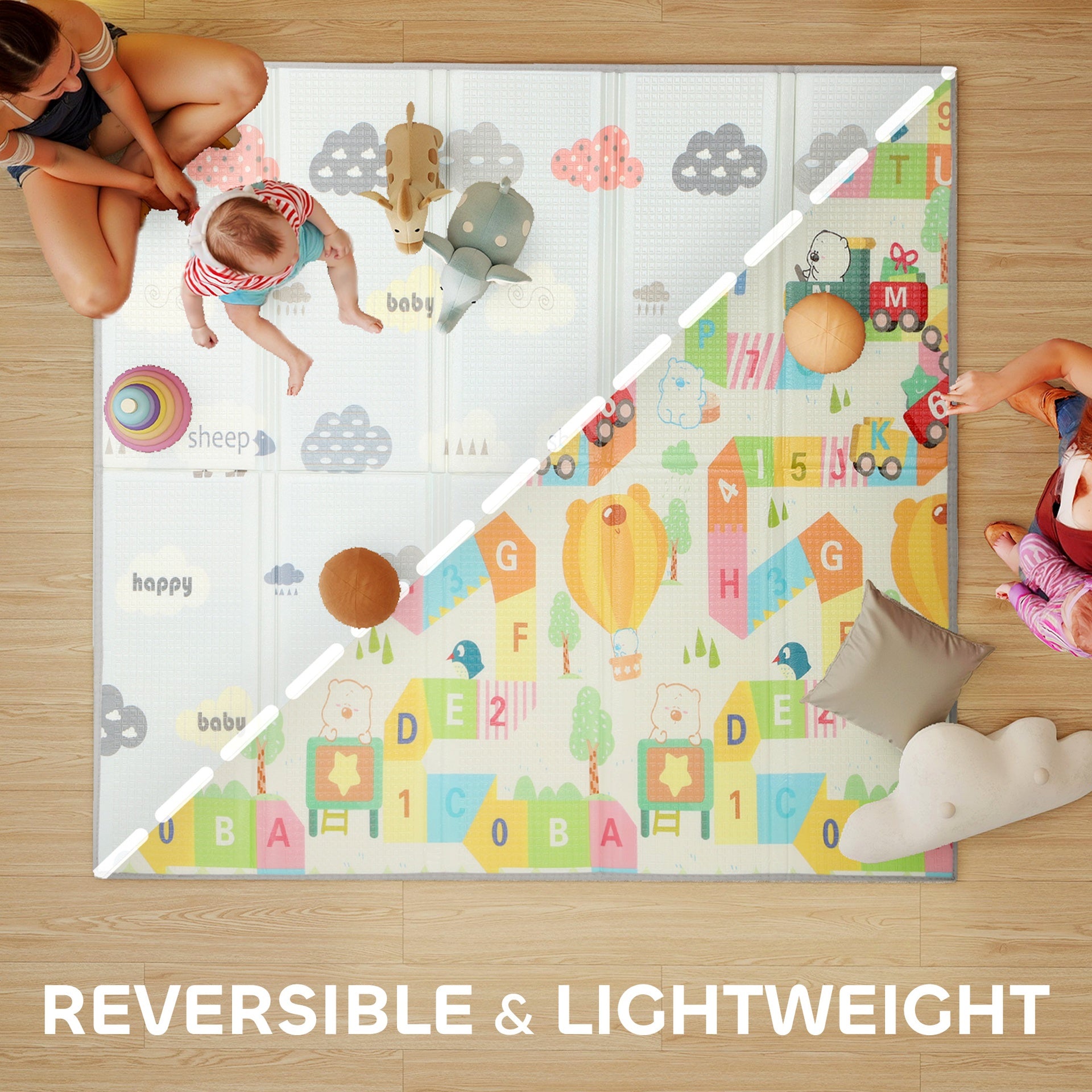 Qaba Foldable & Reversible Baby Play Mat, 79" x 71" Foam Floor Mat, Non-Slip Waterproof Crawling, Alphabet & Cloud Design