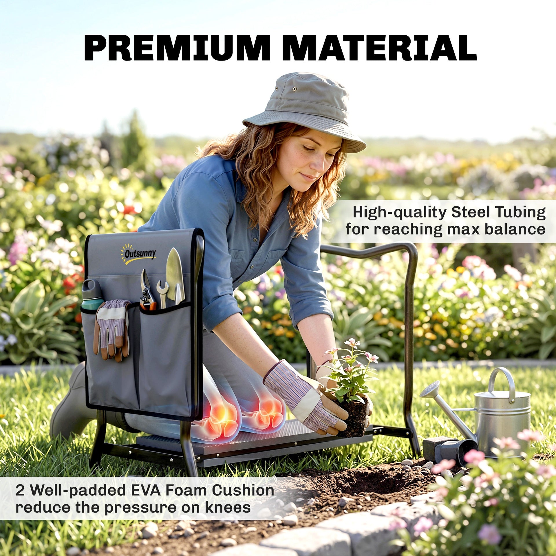 Outsunny 2-In-1 Garden Kneeler and Seat, Heavy Duty Foldable Garden Stool with Soft EVA Pad and Tool Pouch, Gray