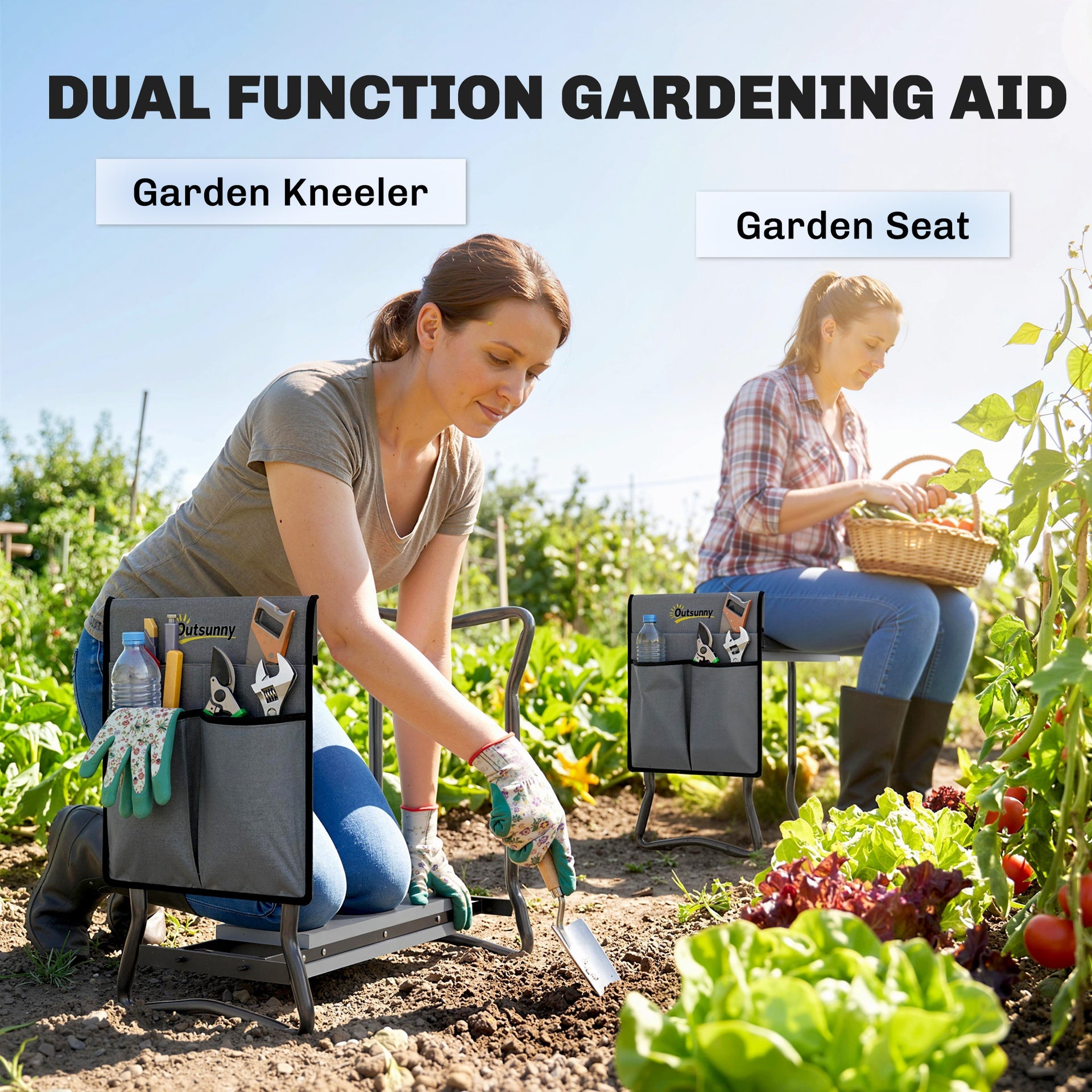 Outsunny 2-In-1 Garden Kneeler and Seat, Heavy Duty Foldable Garden Stool with Soft EVA Pad and Tool Pouch, Gray