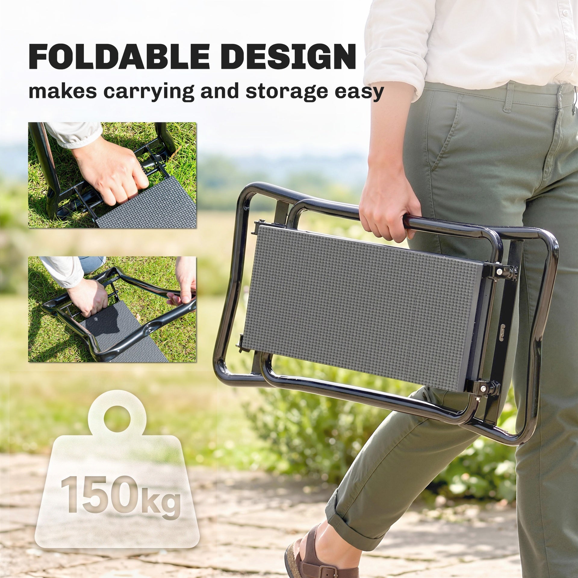Outsunny 2-In-1 Garden Kneeler and Seat, Heavy Duty Foldable Garden Stool with Soft EVA Pad and Tool Pouch, Gray