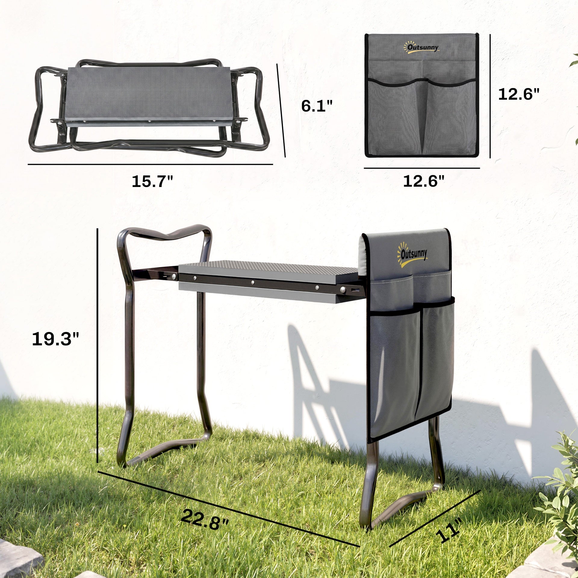 Outsunny 2-In-1 Garden Kneeler and Seat, Heavy Duty Foldable Garden Stool with Soft EVA Pad and Tool Pouch, Gray