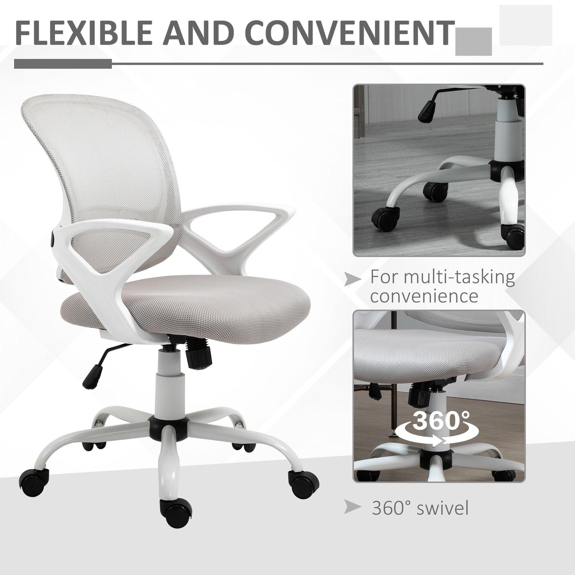 HOMCOM Swivel Mid Back Computer Desk Chair, Ergonomic Mesh Office Chair with Rocking Function, Rolling Wheels, Gray