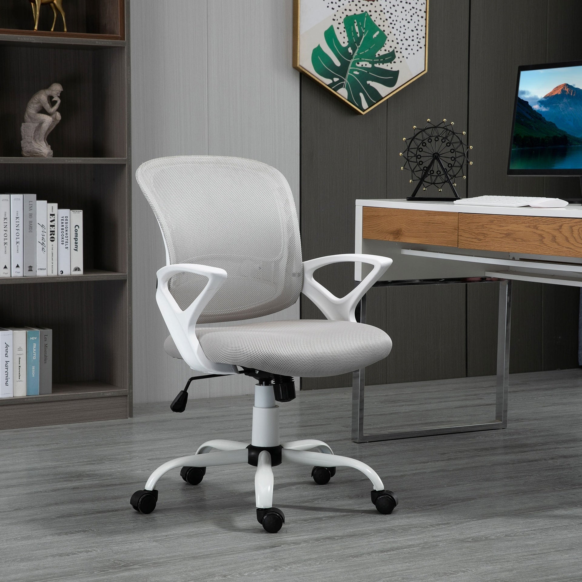 HOMCOM Swivel Mid Back Computer Desk Chair, Ergonomic Mesh Office Chair with Rocking Function, Rolling Wheels, Gray