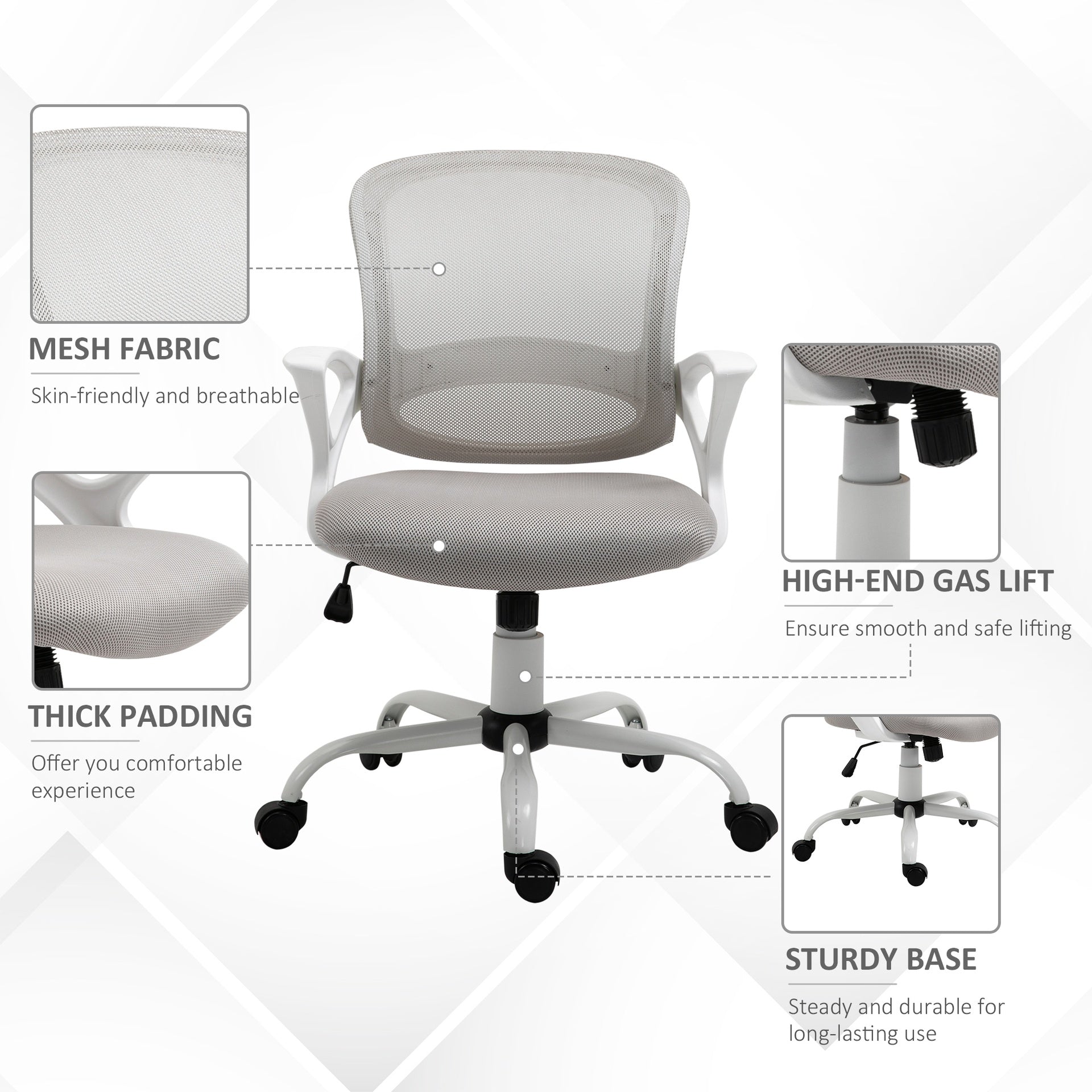 HOMCOM Swivel Mid Back Computer Desk Chair, Ergonomic Mesh Office Chair with Rocking Function, Rolling Wheels, Gray