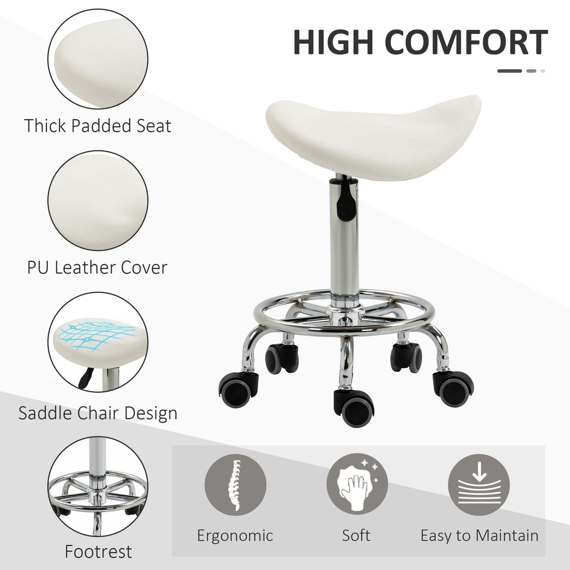HOMCOM PU Leather Adjustable Stool, Rolling Saddle Stool with Wheels for Massage, Spa, Clinic, Beauty and Tattoo, White