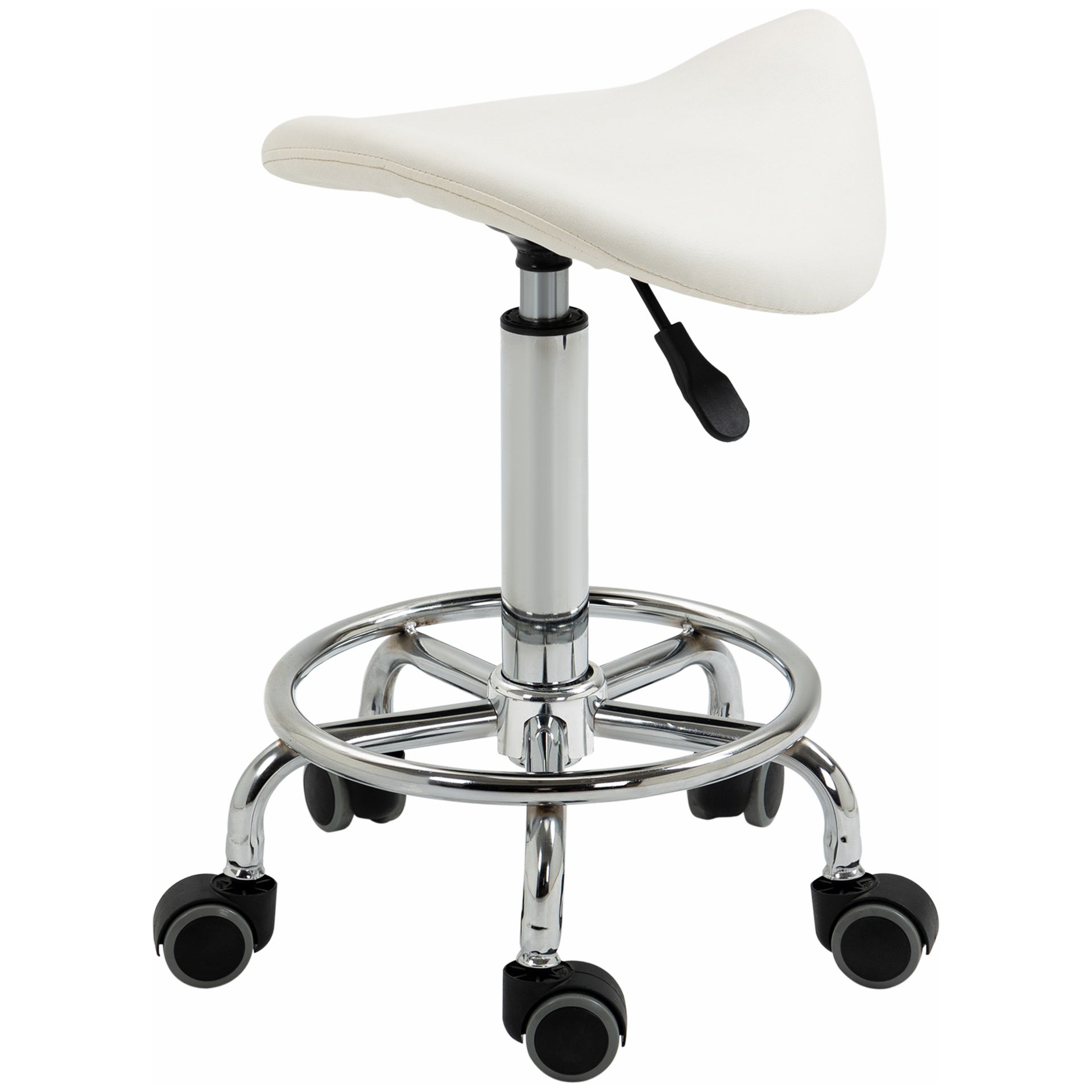 HOMCOM PU Leather Adjustable Stool, Rolling Saddle Stool with Wheels for Massage, Spa, Clinic, Beauty and Tattoo, White