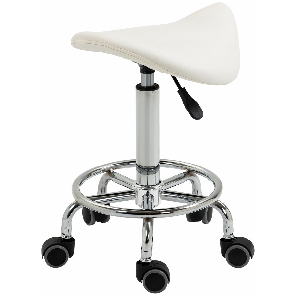 HOMCOM PU Leather Adjustable Stool, Rolling Saddle Stool with Wheels for Massage, Spa, Clinic, Beauty and Tattoo, White