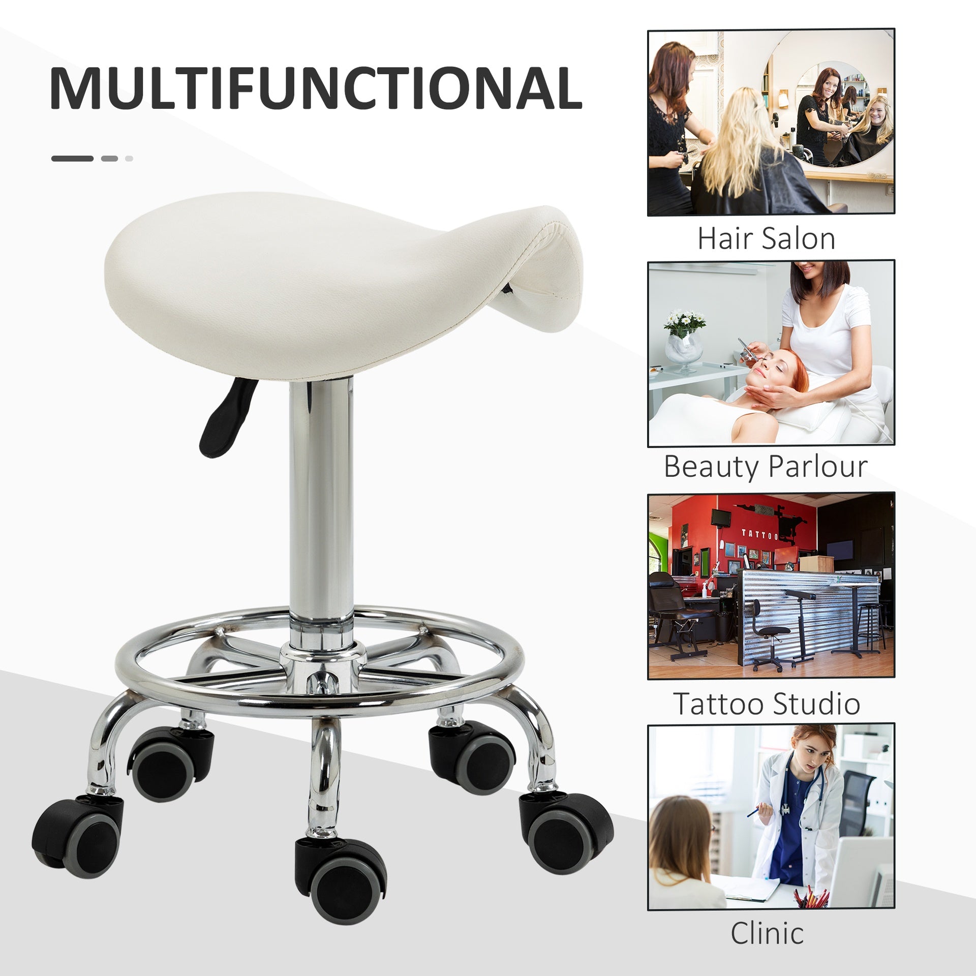HOMCOM PU Leather Adjustable Stool, Rolling Saddle Stool with Wheels for Massage, Spa, Clinic, Beauty and Tattoo, White