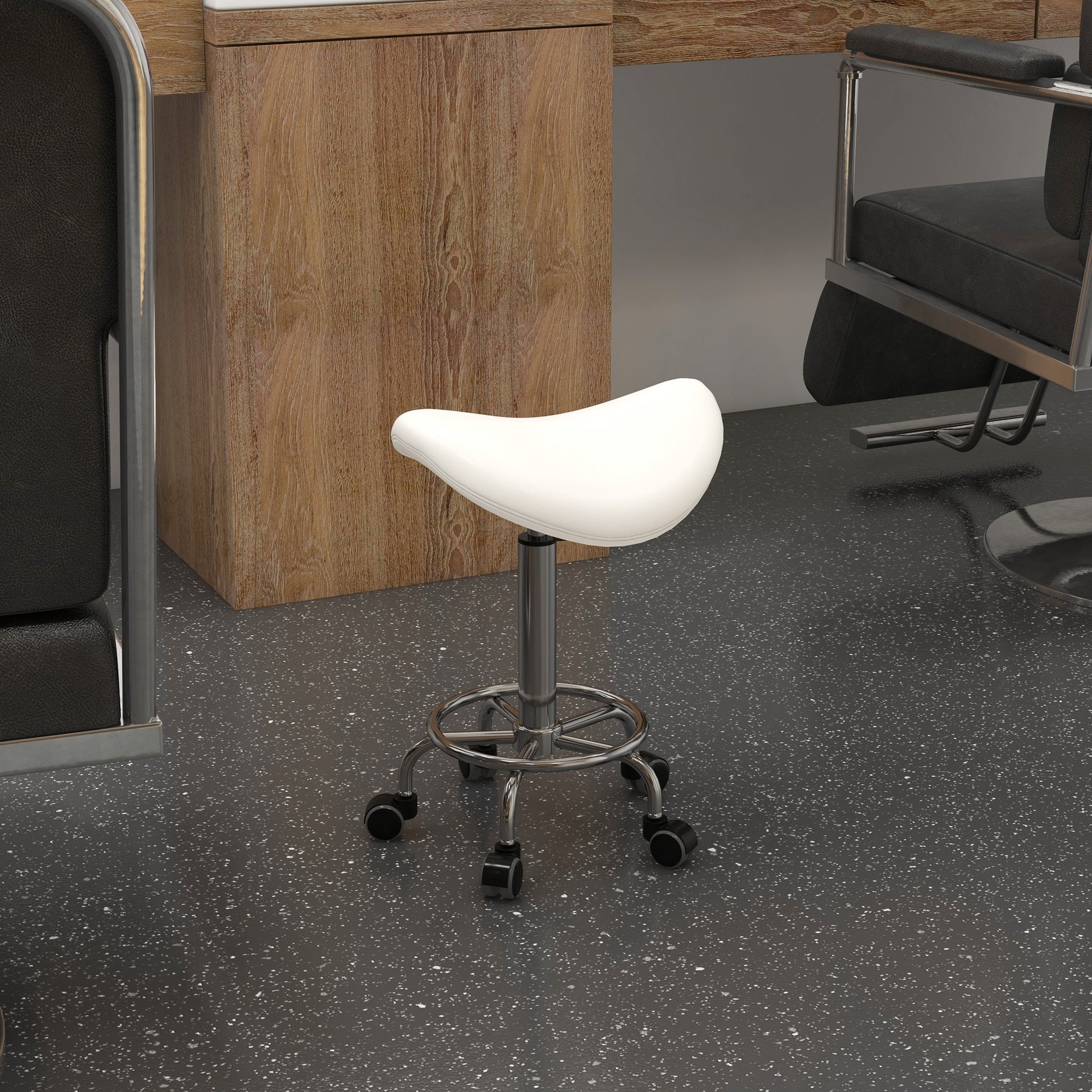 HOMCOM PU Leather Adjustable Stool, Rolling Saddle Stool with Wheels for Massage, Spa, Clinic, Beauty and Tattoo, White