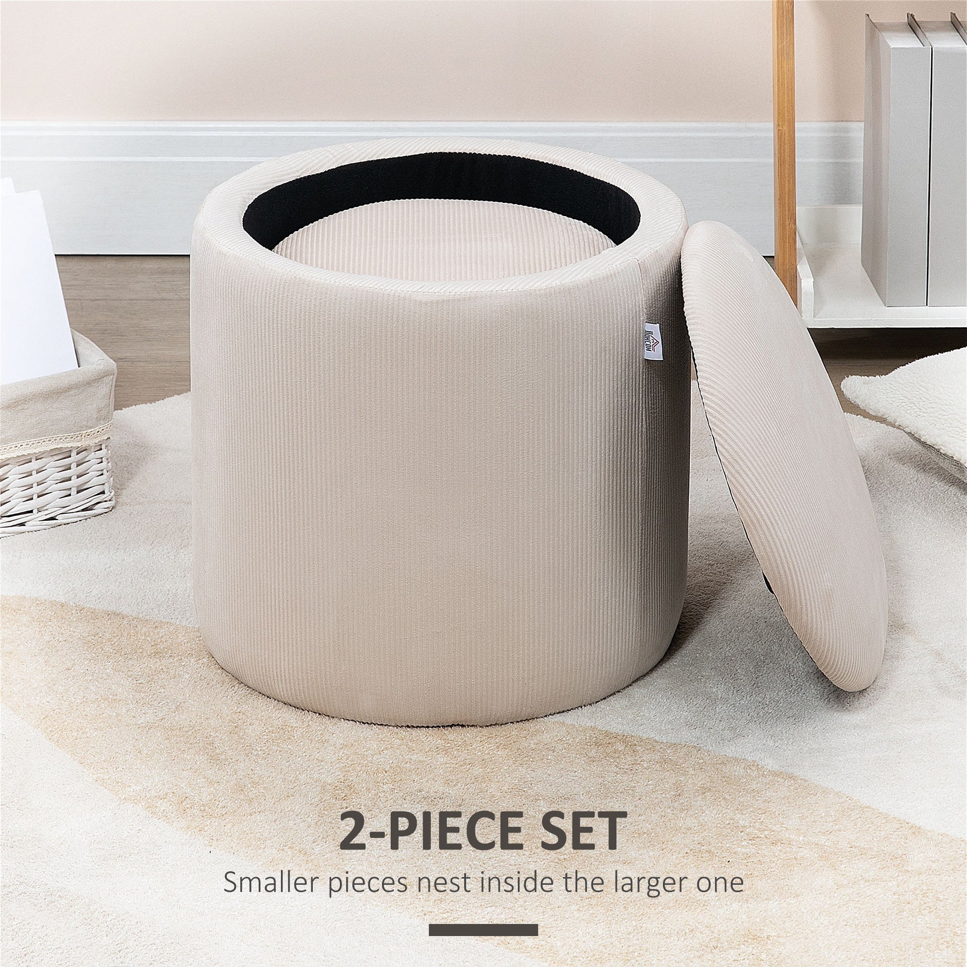 HOMCOM Corduroy Stool, Ottoman with Storage Set of 2, Removable Wood Lid, Hidden Space, Cream White
