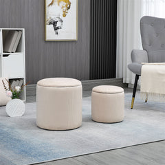 HOMCOM Corduroy Stool, Ottoman with Storage Set of 2, Removable Wood Lid, Hidden Space, Cream White