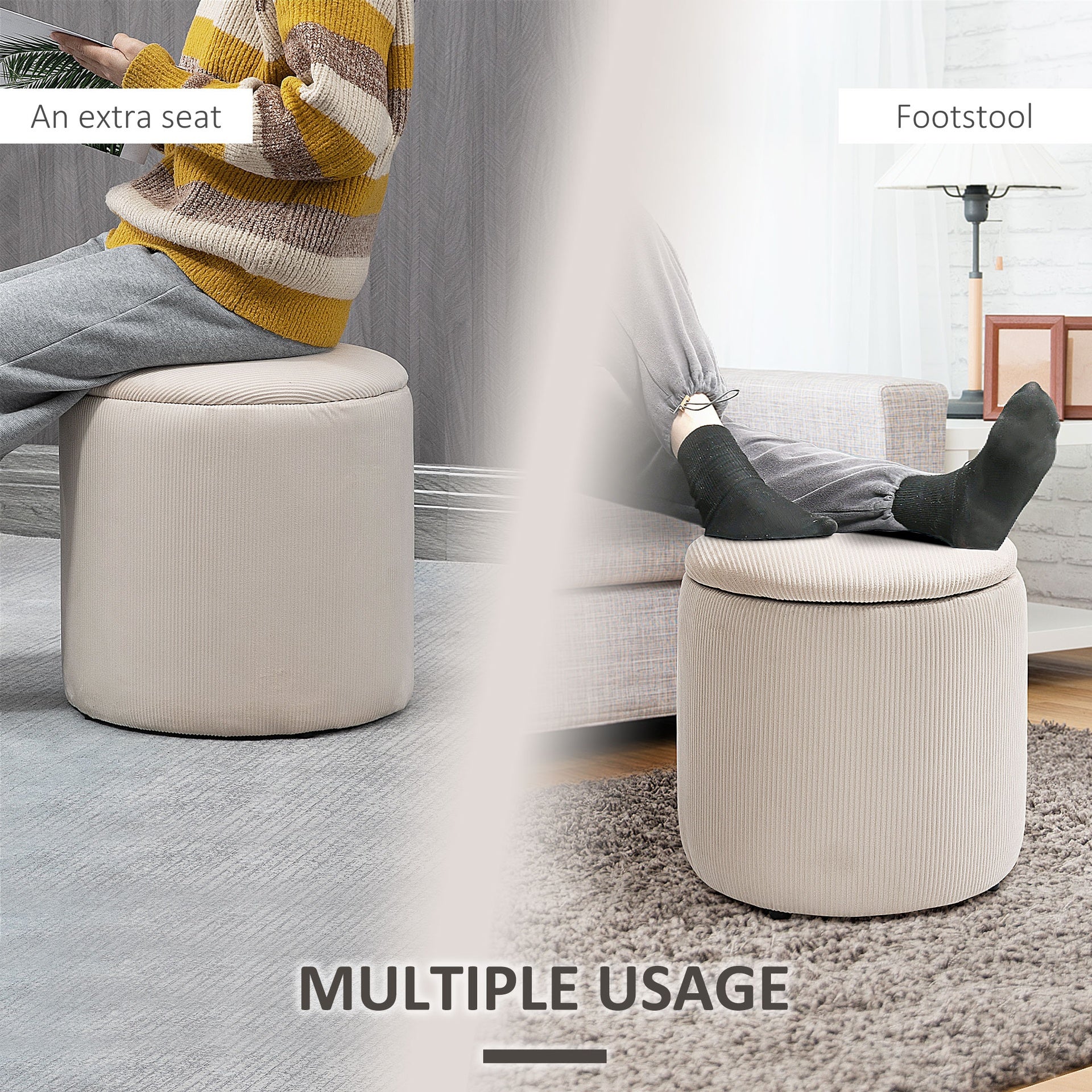 HOMCOM Corduroy Stool, Ottoman with Storage Set of 2, Removable Wood Lid, Hidden Space, Cream White