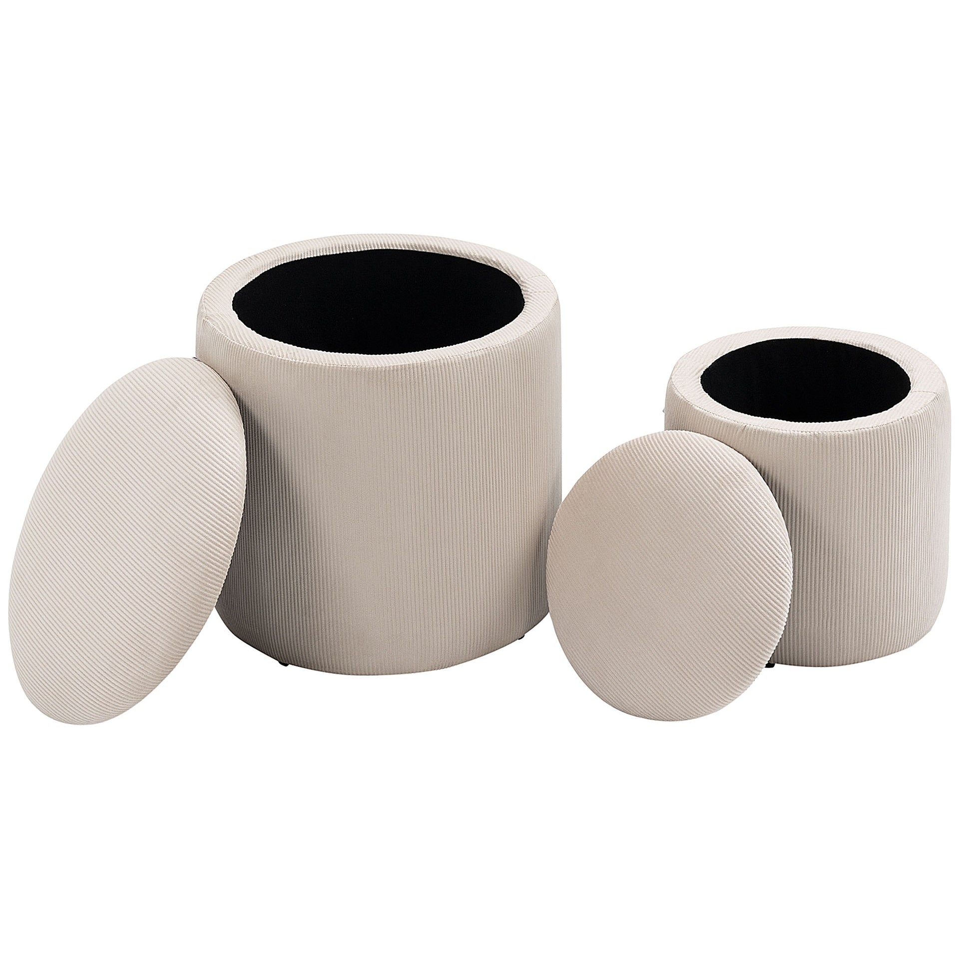 HOMCOM Corduroy Stool, Ottoman with Storage Set of 2, Removable Wood Lid, Hidden Space, Cream White