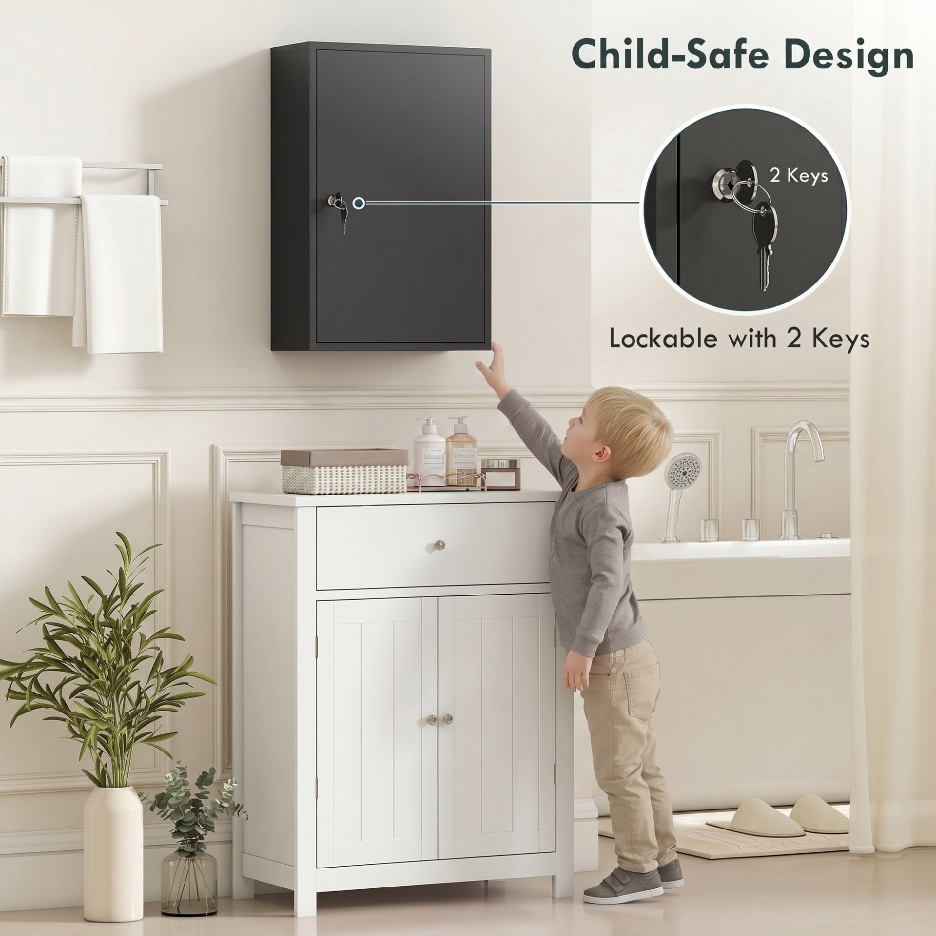 kleankin Wall Mount Medical Cabinet, Bathroom Cabinet with 3 Tier Shelves, 2 Keys, 15.7" x 7.1" x 23.6", Black