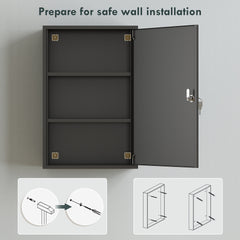 kleankin Wall Mount Medical Cabinet, Bathroom Cabinet with 3 Tier Shelves, 2 Keys, 15.7" x 7.1" x 23.6", Black