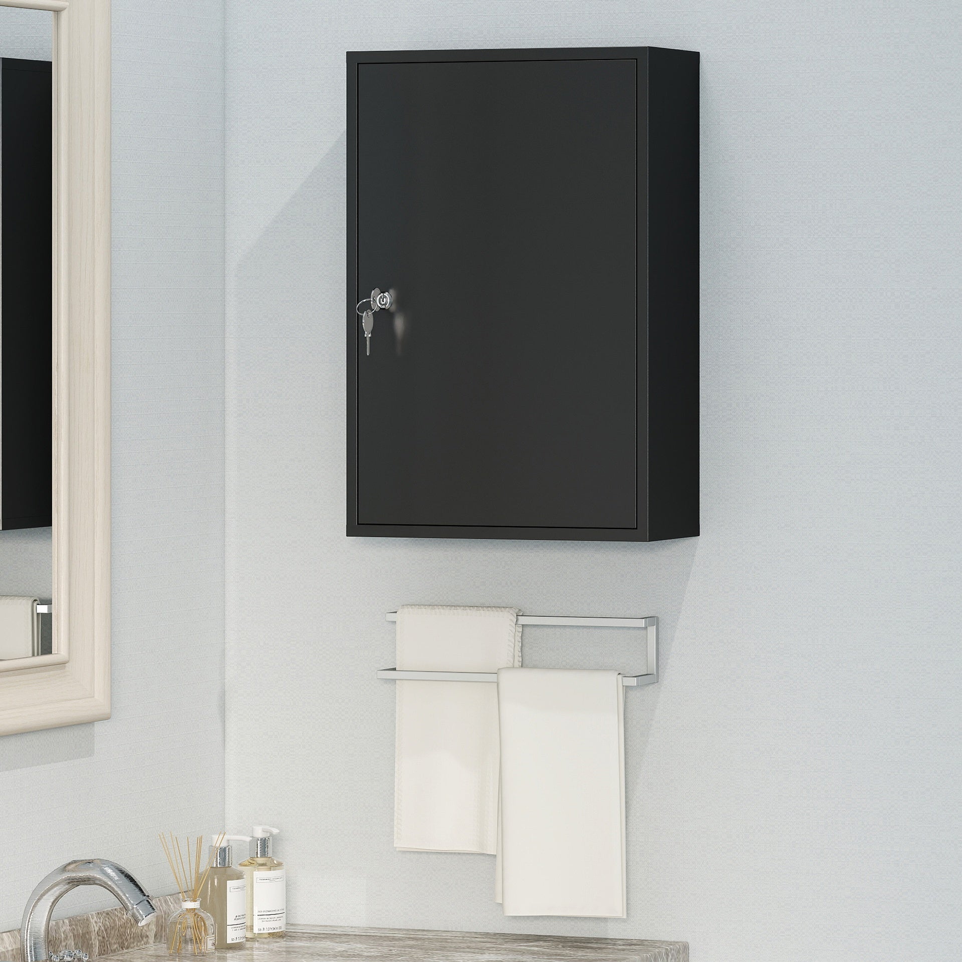 kleankin Wall Mount Medical Cabinet, Bathroom Cabinet with 3 Tier Shelves, 2 Keys, 15.7" x 7.1" x 23.6", Black