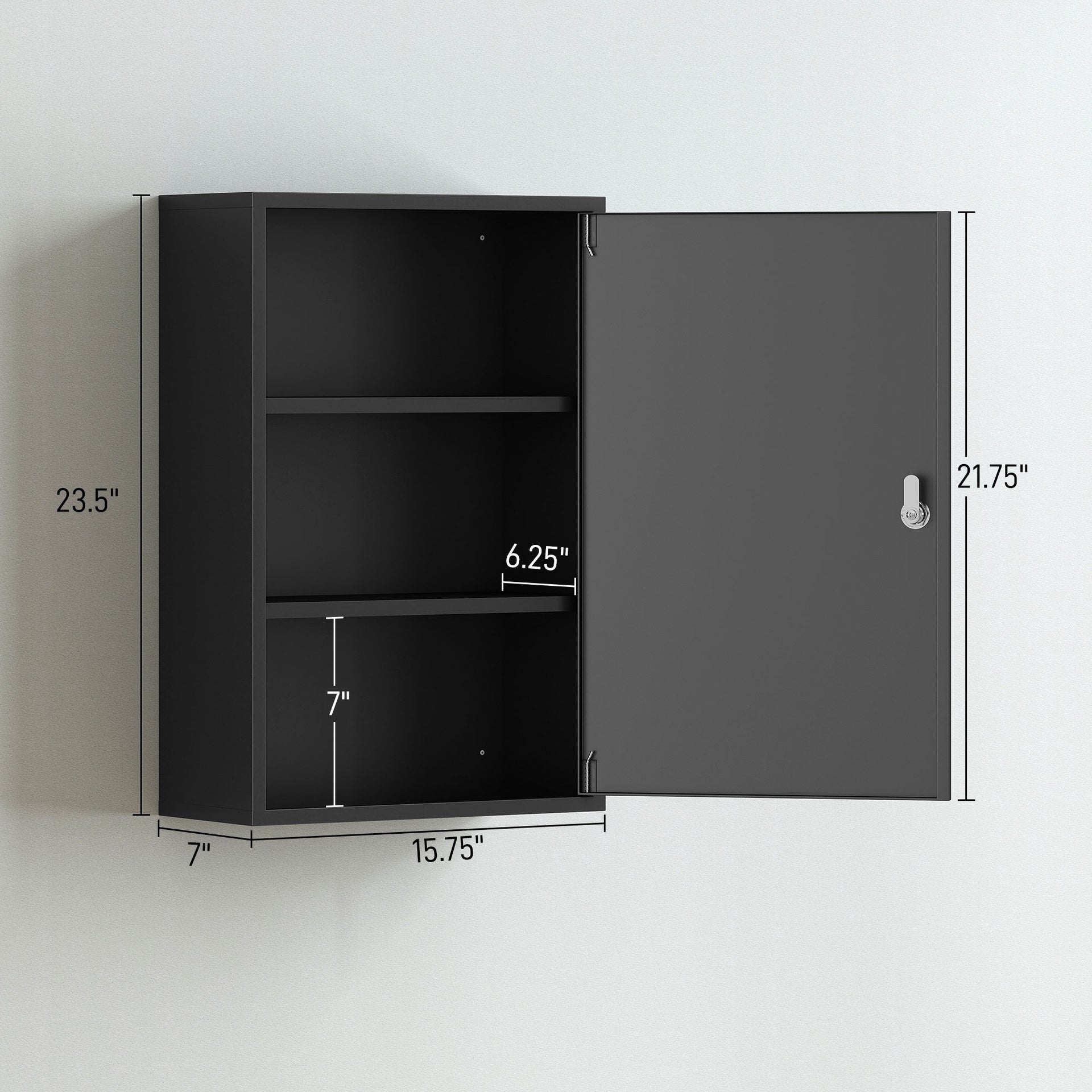 kleankin Wall Mount Medical Cabinet, Bathroom Cabinet with 3 Tier Shelves, 2 Keys, 15.7" x 7.1" x 23.6", Black
