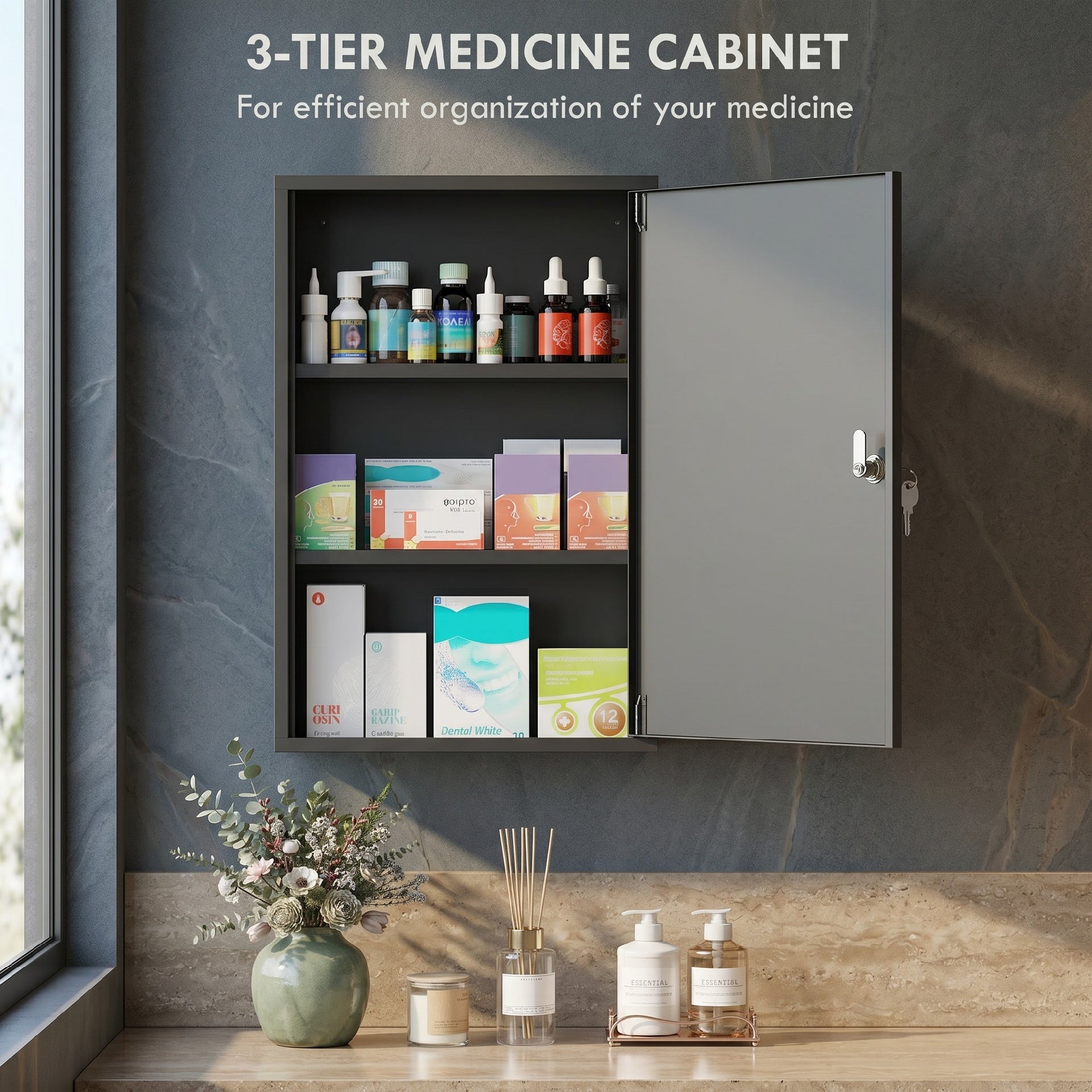 kleankin Wall Mount Medical Cabinet, Bathroom Cabinet with 3 Tier Shelves, 2 Keys, 15.7" x 7.1" x 23.6", Black