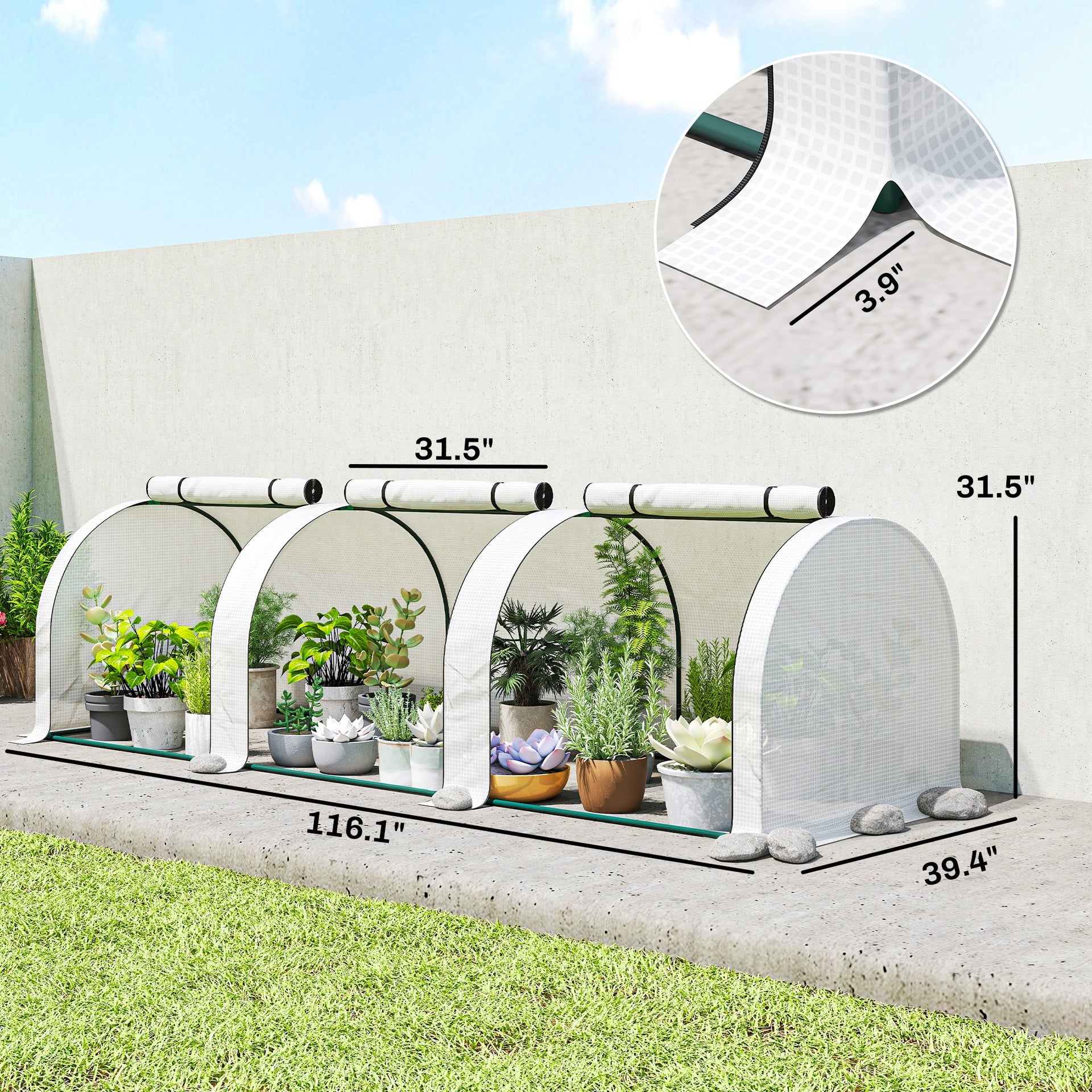 Outsunny 9.7' L x 3' W x 2.5' H Portable Tunneled Greenhouse with 3 Zippered Doors, Water/UV Fighting PE Cover, White