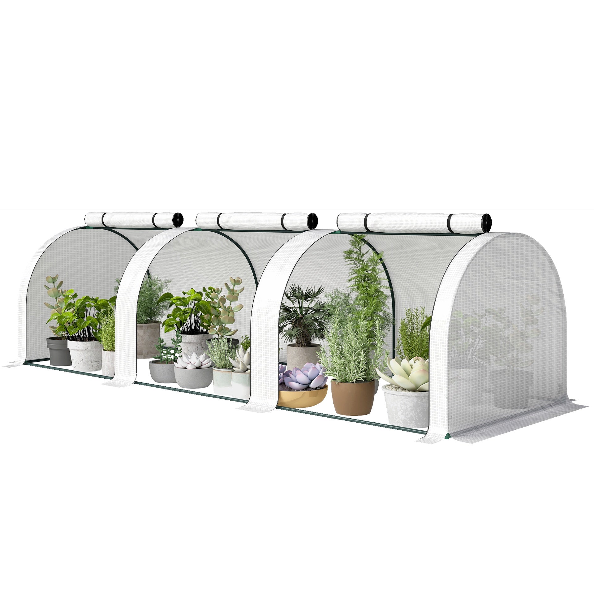 Outsunny 9.7' L x 3' W x 2.5' H Portable Tunneled Greenhouse with 3 Zippered Doors, Water/UV Fighting PE Cover, White