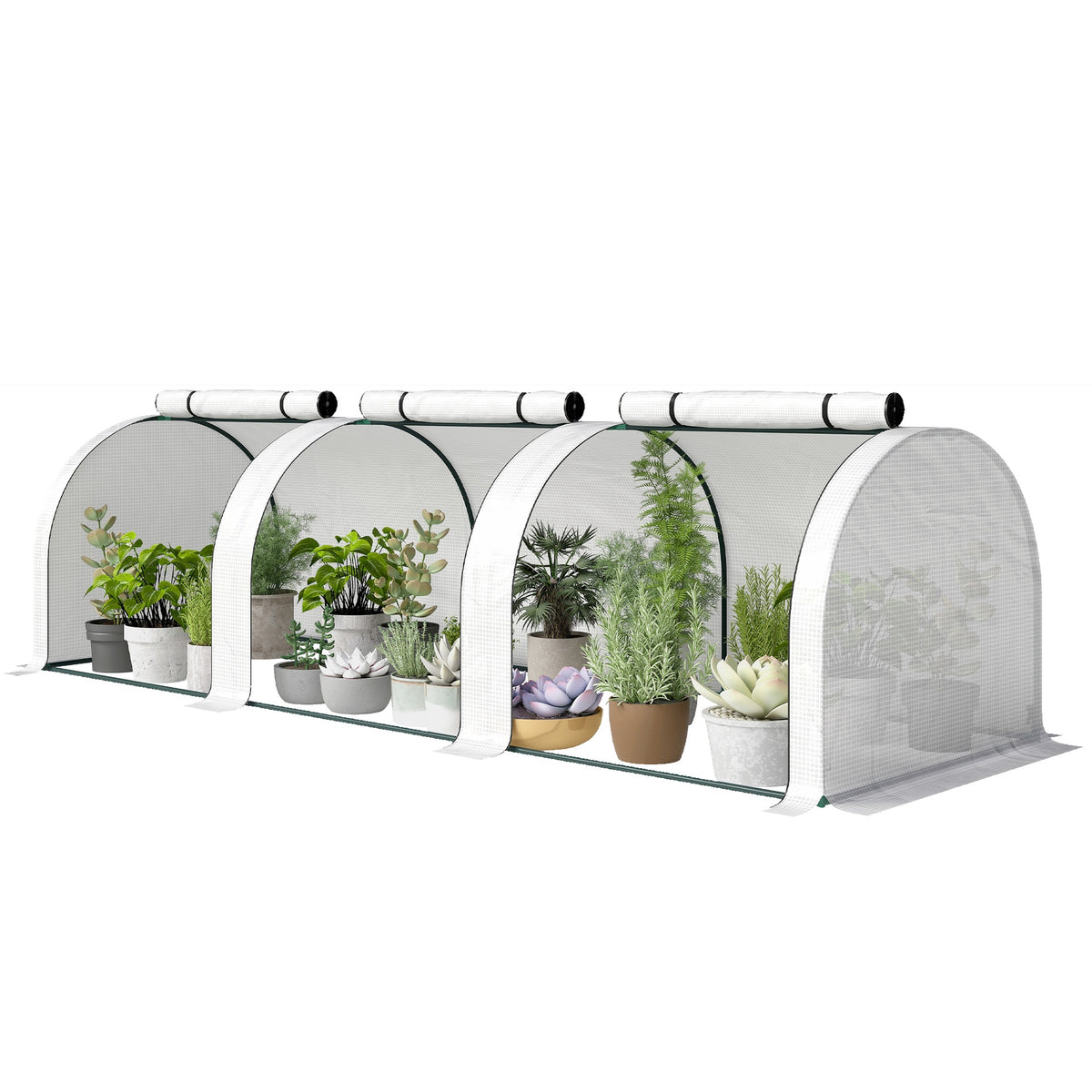Outsunny 9.7' L x 3' W x 2.5' H Portable Tunneled Greenhouse with 3 Zippered Doors, Water/UV Fighting PE Cover, White