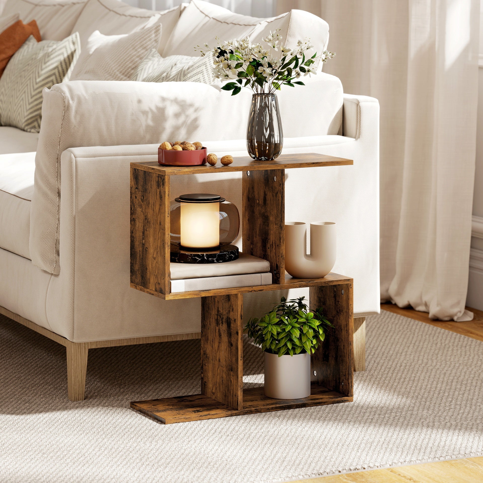 HOMCOM End Table, Narrow Side Table with Storage Shelves, S-Shaped, 3-Tier, 19.7" W x 7.7" D x 22.8" H, Rustic Brown