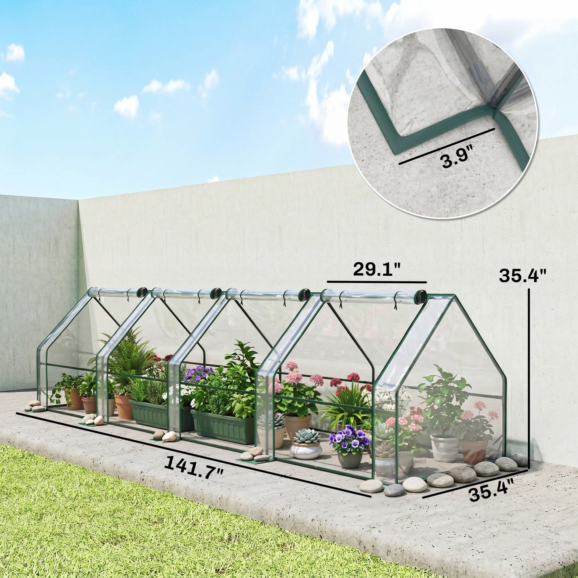 Outsunny Portable Mini Greenhouse, Outdoor Garden with Large Zipper Doors and Water/UV PVC Cover, 12' x 3' x 3', Clear