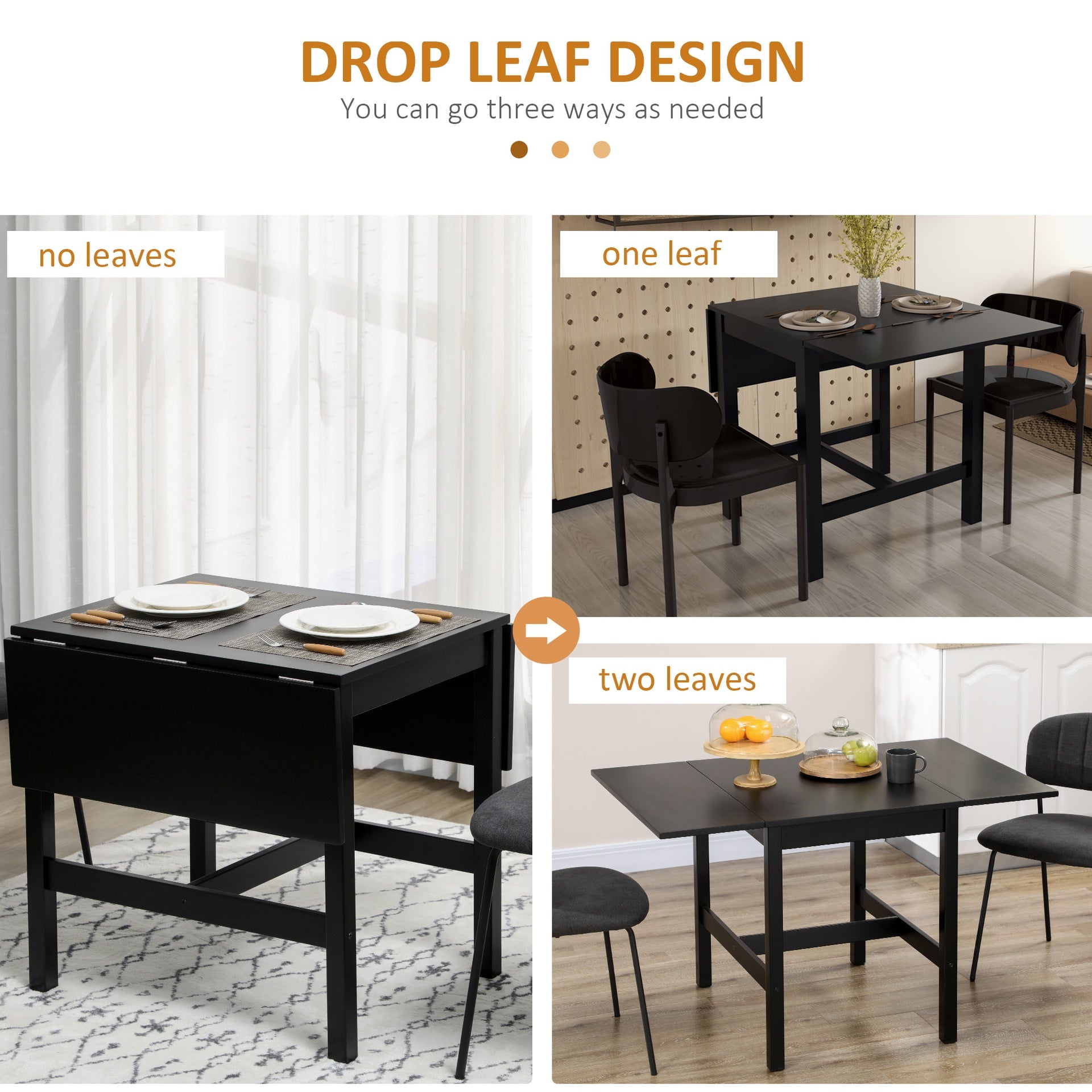 HOMCOM Solid Wood Kitchen Table, Drop Leaf Tables for Small Spaces, Folding Dining Table, Black