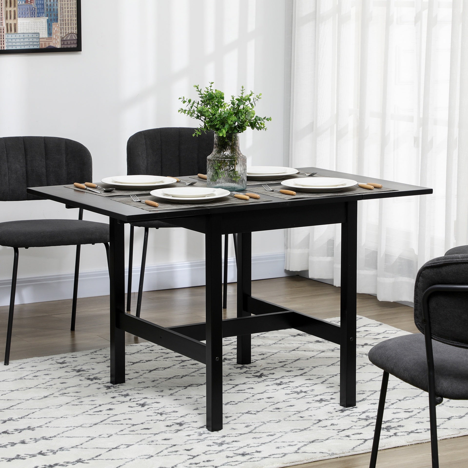 HOMCOM Solid Wood Kitchen Table, Drop Leaf Tables for Small Spaces, Folding Dining Table, Black