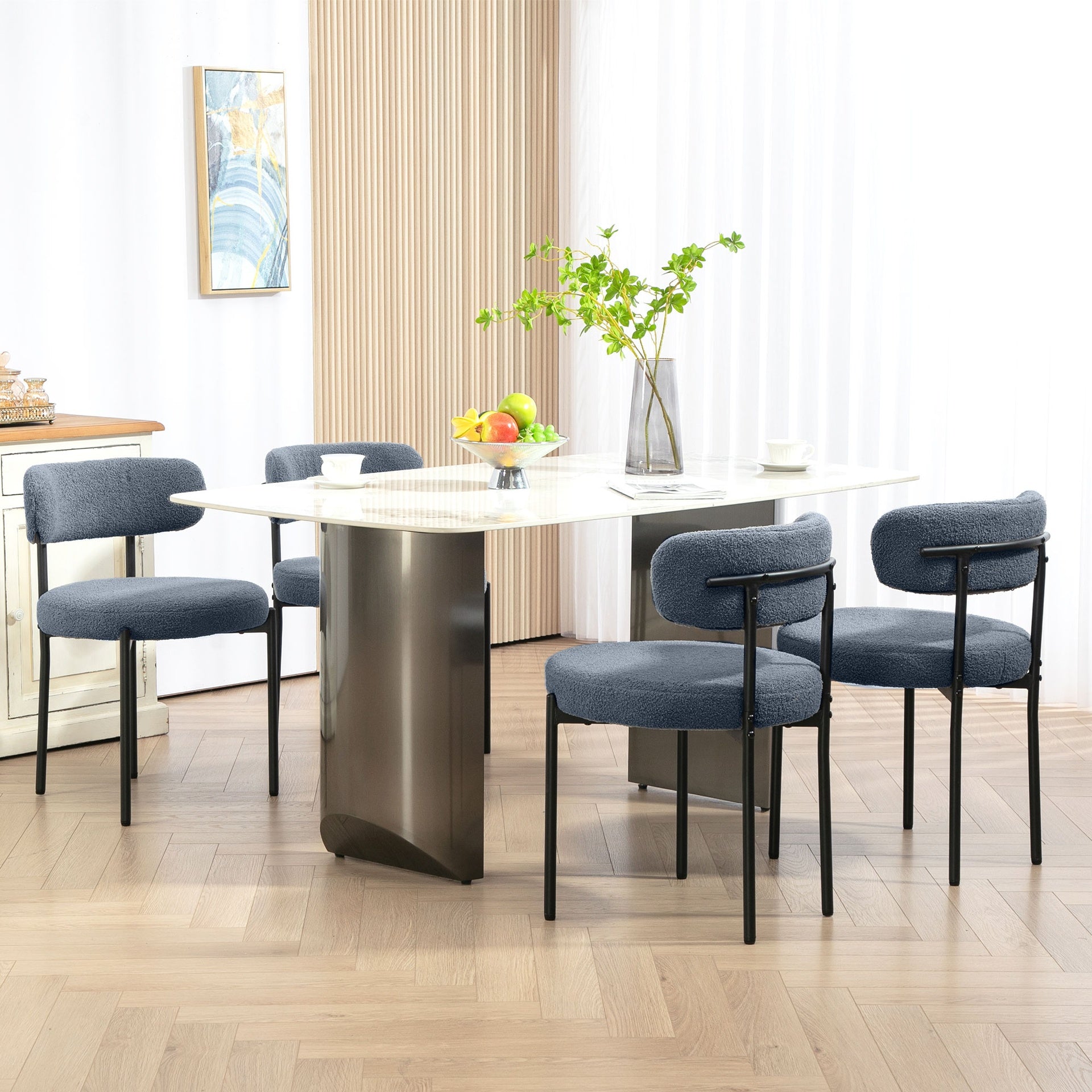 HOMCOM Round Modern Upholstered Kitchen Chairs, Boucle Dining Chairs Set of 4 with Curved Backrest and Thick Cushion, Gray