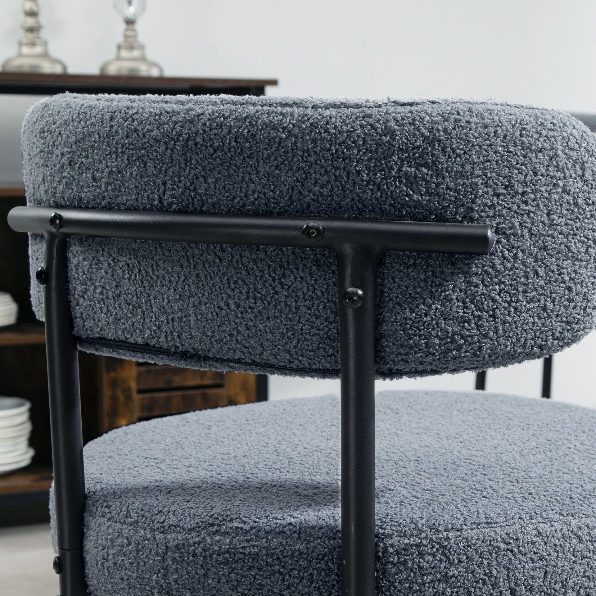 HOMCOM Round Modern Upholstered Kitchen Chairs, Boucle Dining Chairs Set of 4 with Curved Backrest and Thick Cushion, Gray