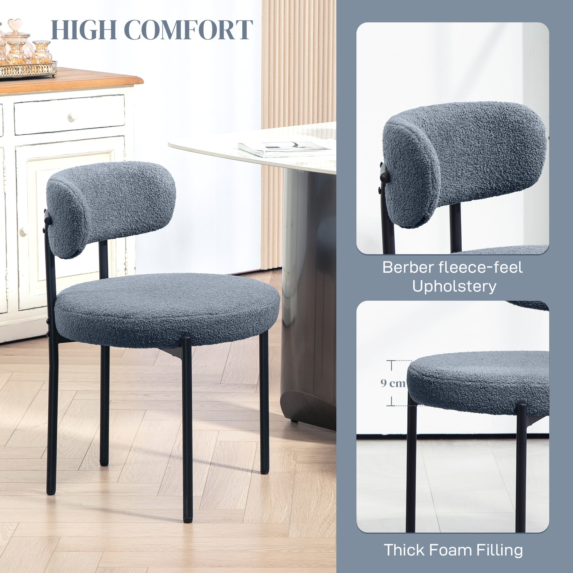 HOMCOM Round Modern Upholstered Kitchen Chairs, Boucle Dining Chairs Set of 4 with Curved Backrest and Thick Cushion, Gray