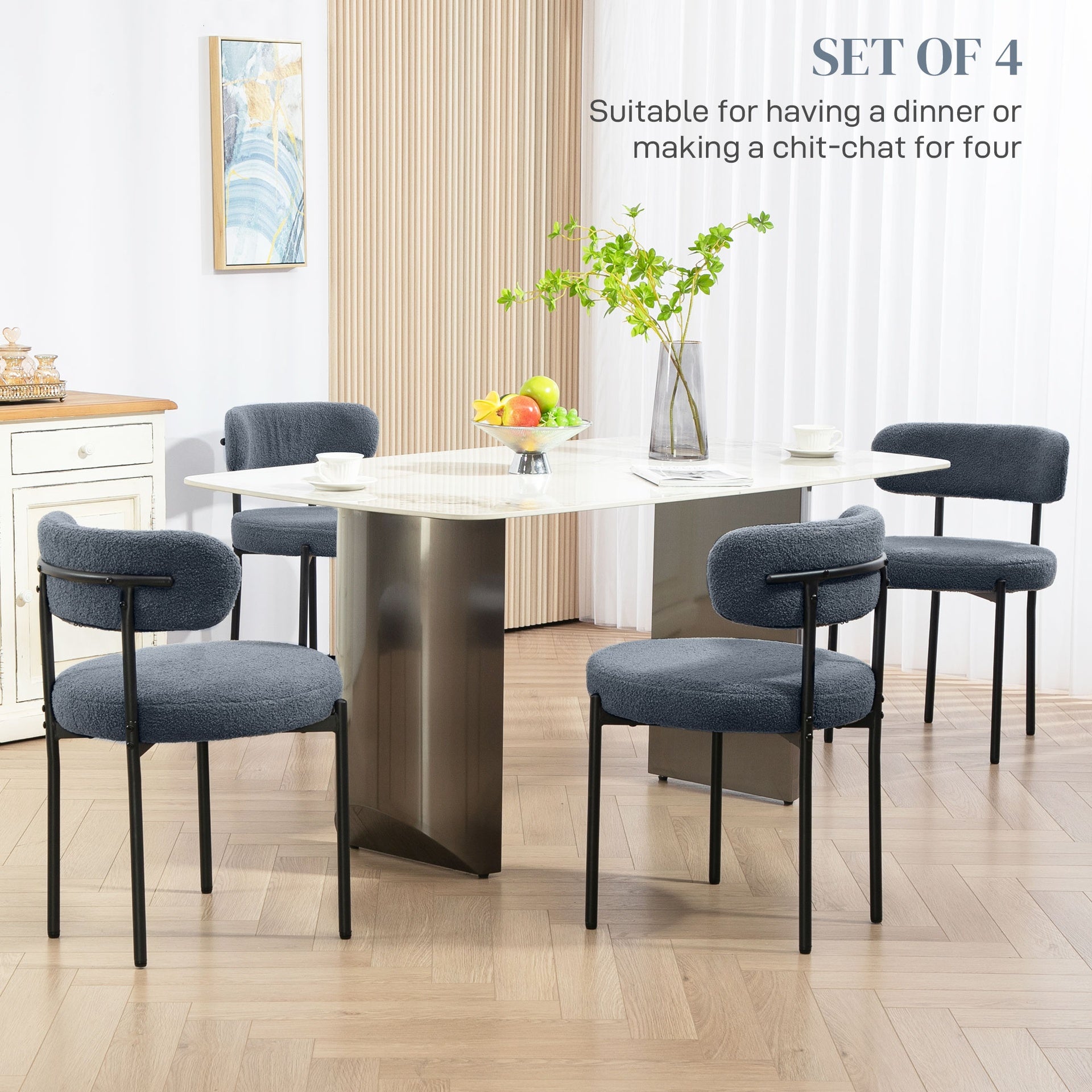 HOMCOM Round Modern Upholstered Kitchen Chairs, Boucle Dining Chairs Set of 4 with Curved Backrest and Thick Cushion, Gray