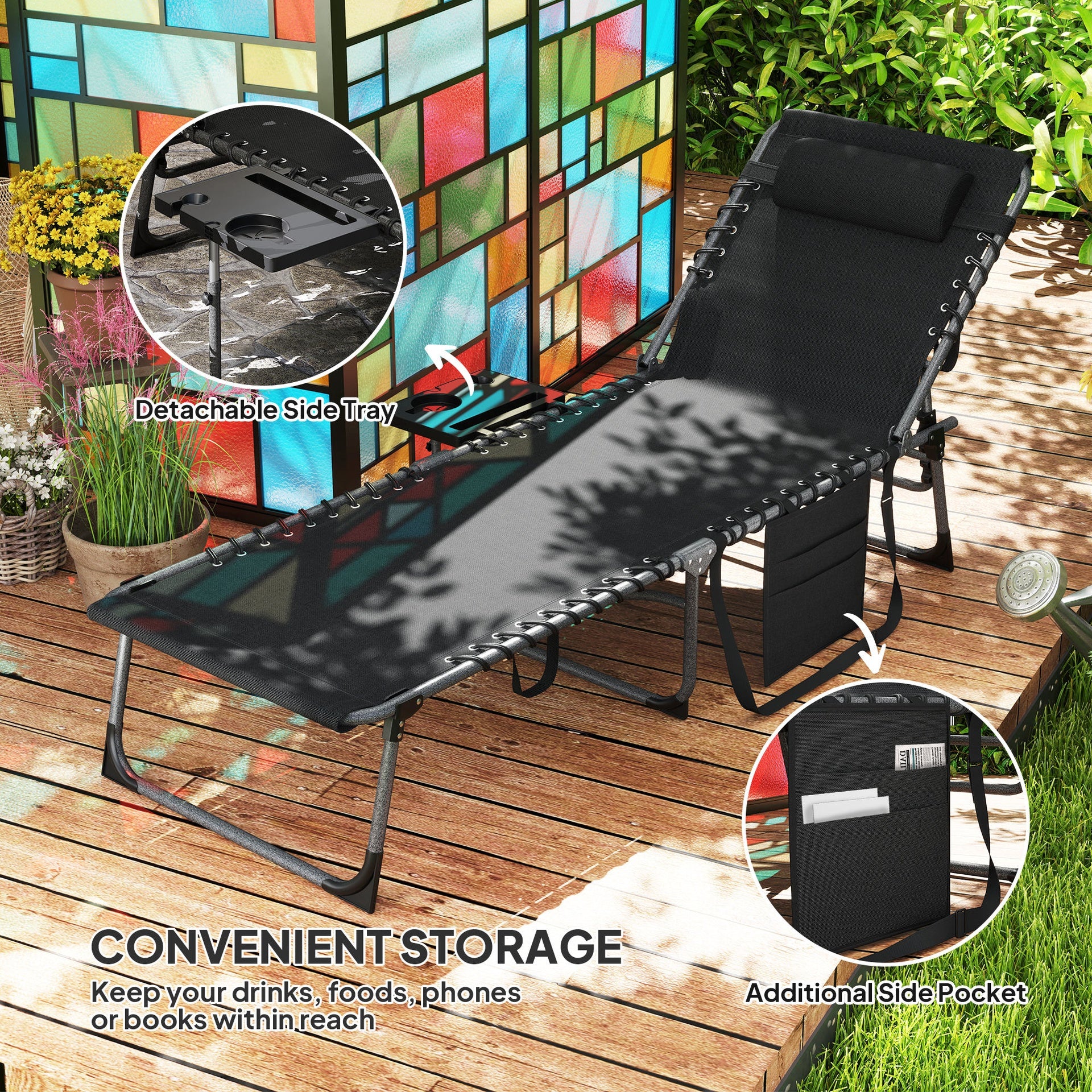Outsunny Folding Outdoor Chaise Lounge Chair Tanning Chair with 5-Level Adjustable Back, Side Table, Pillow, Pocket, Black