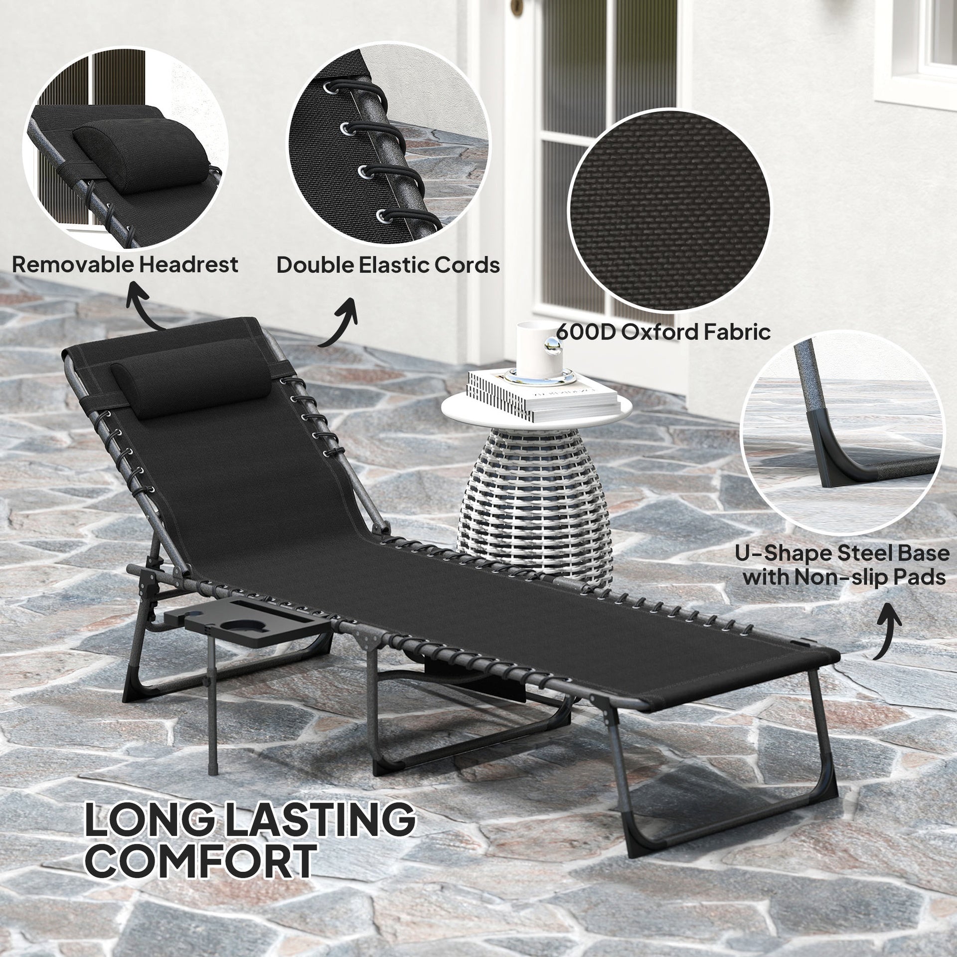 Outsunny Folding Outdoor Chaise Lounge Chair Tanning Chair with 5-Level Adjustable Back, Side Table, Pillow, Pocket, Black