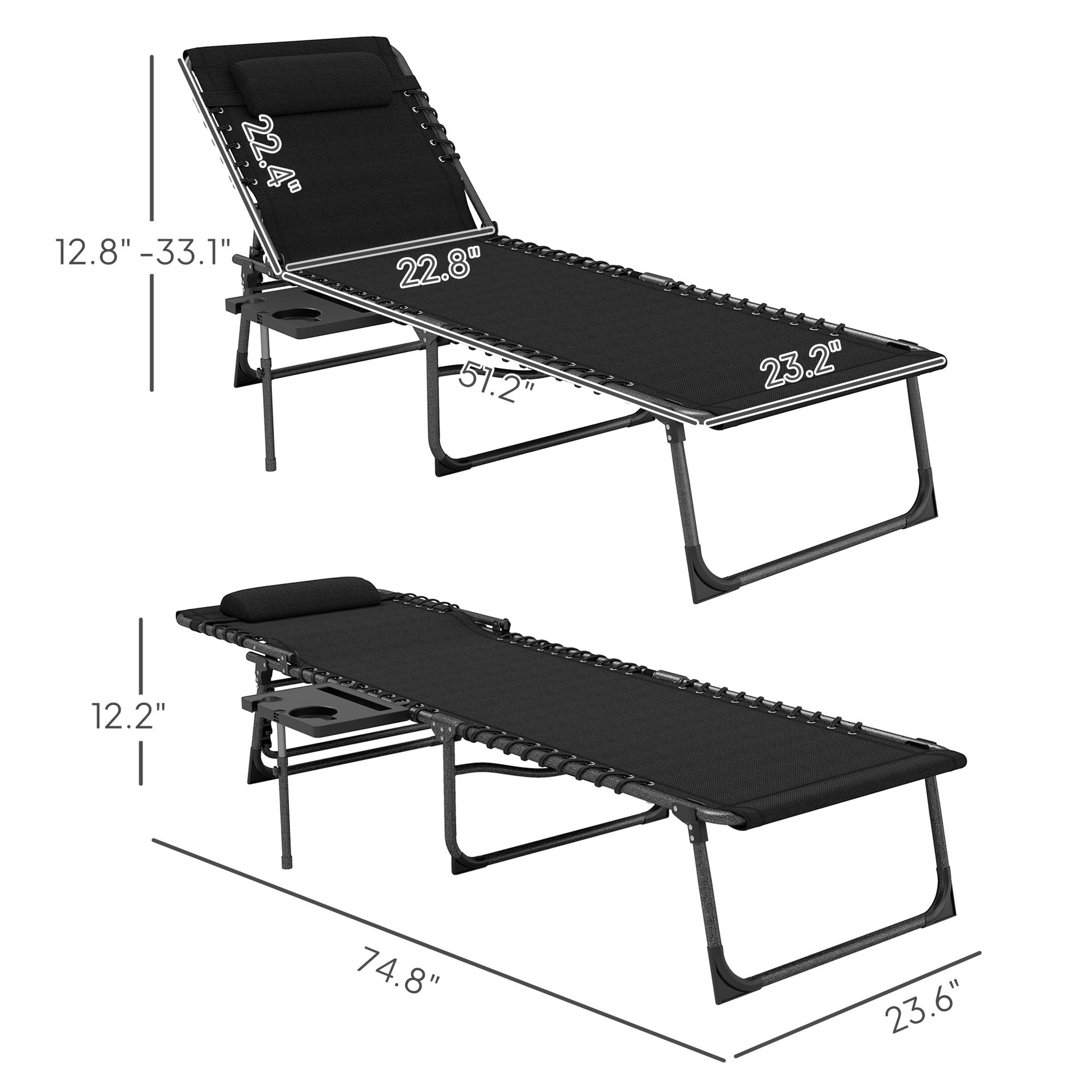 Outsunny Folding Outdoor Chaise Lounge Chair Tanning Chair with 5-Level Adjustable Back, Side Table, Pillow, Pocket, Black