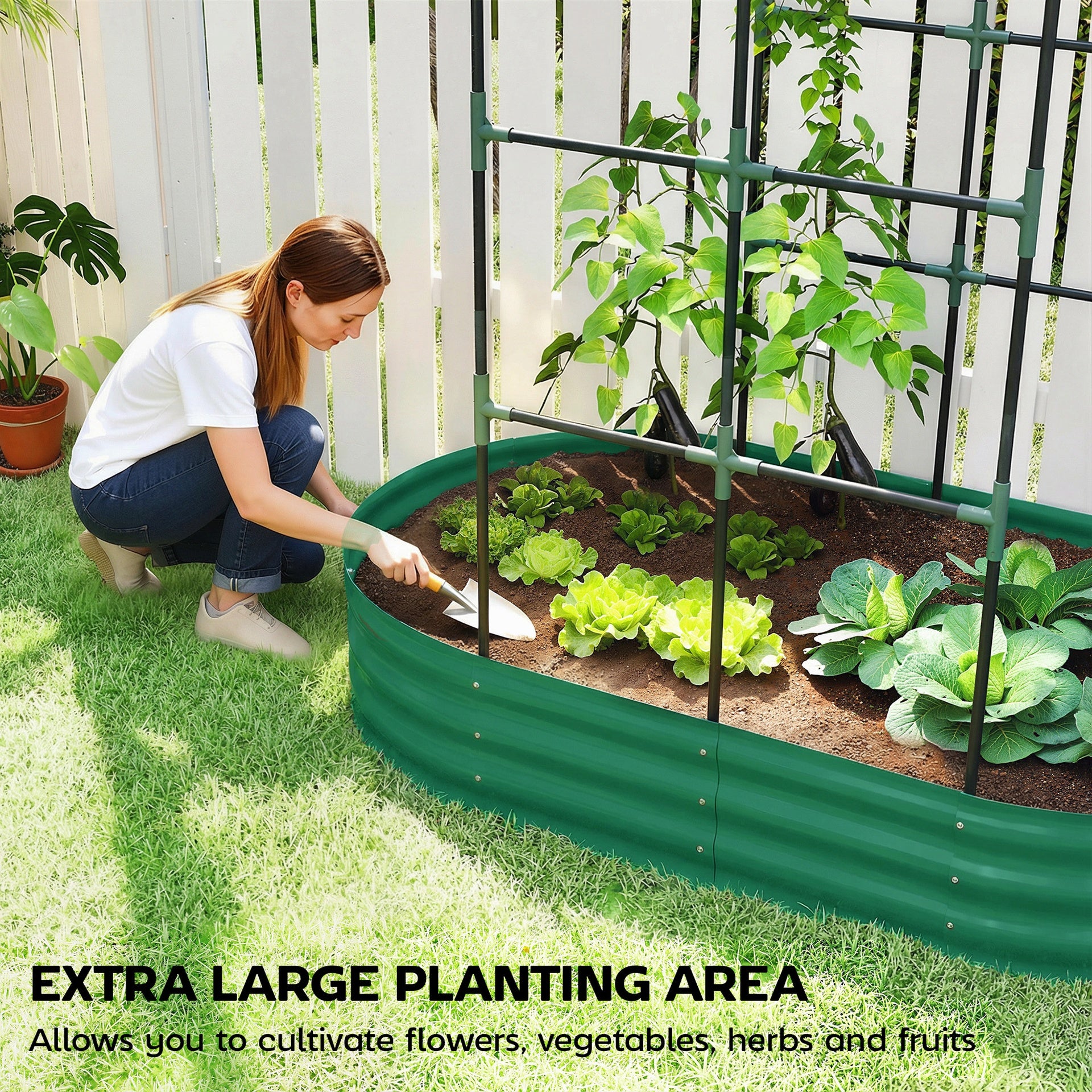 Outsunny Galvanised Raised Garden Bed with Arched Trellis, 5 x 3 x 6ft Metal Outdoor Planter Box with Open Bottom, Green
