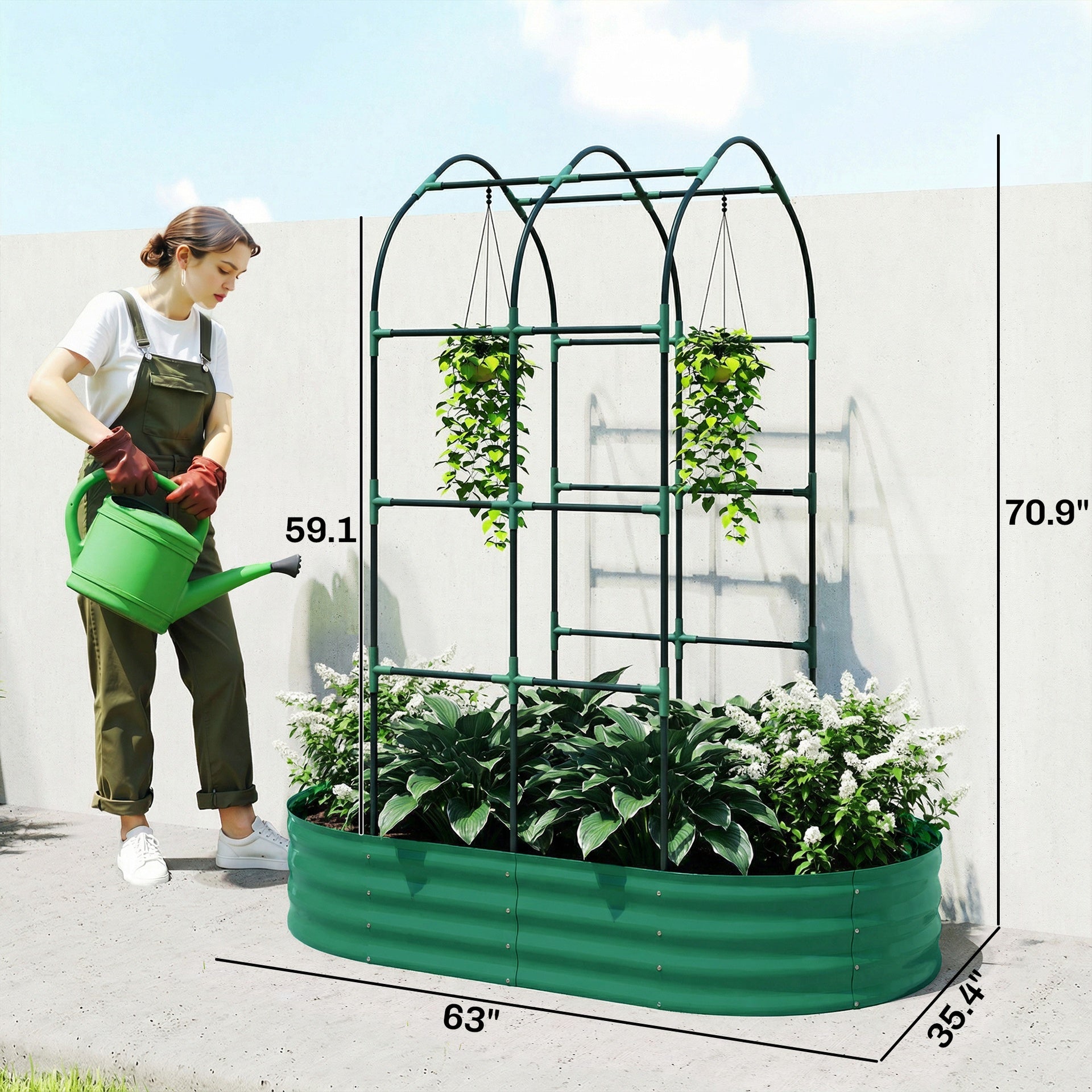 Outsunny Galvanised Raised Garden Bed with Arched Trellis, 5 x 3 x 6ft Metal Outdoor Planter Box with Open Bottom, Green