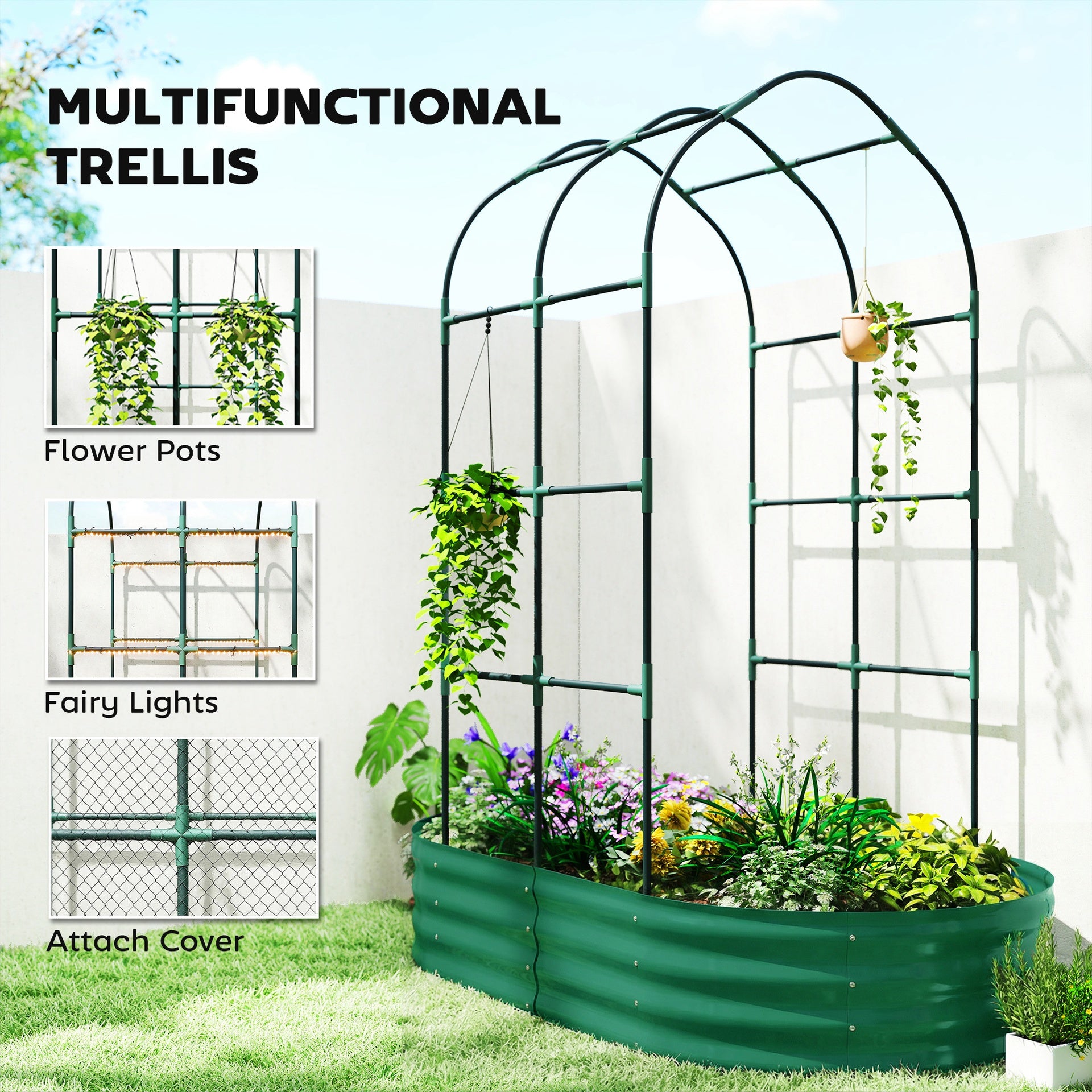 Outsunny Galvanised Raised Garden Bed with Arched Trellis, 5 x 3 x 6ft Metal Outdoor Planter Box with Open Bottom, Green