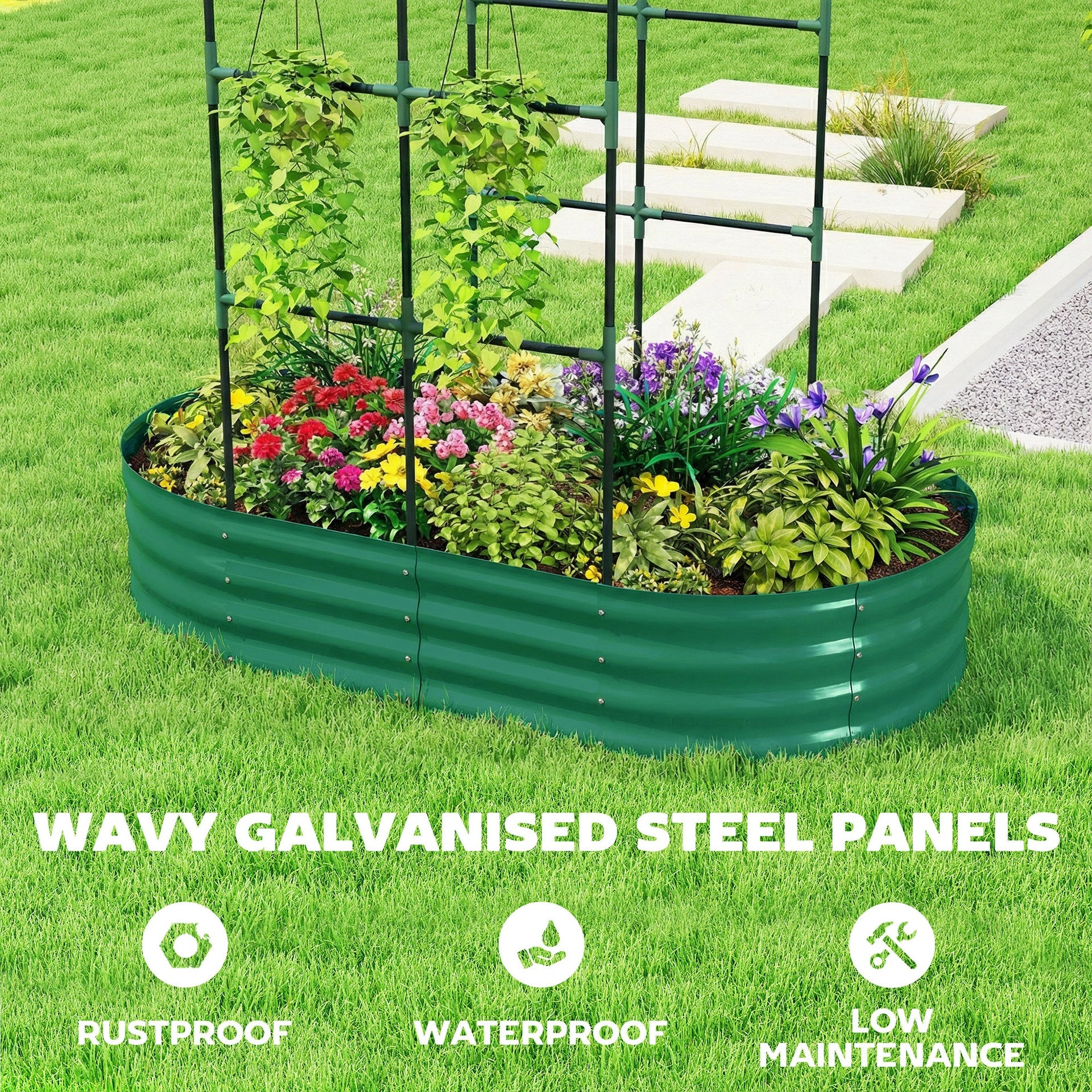 Outsunny Galvanised Raised Garden Bed with Arched Trellis, 5 x 3 x 6ft Metal Outdoor Planter Box with Open Bottom, Green