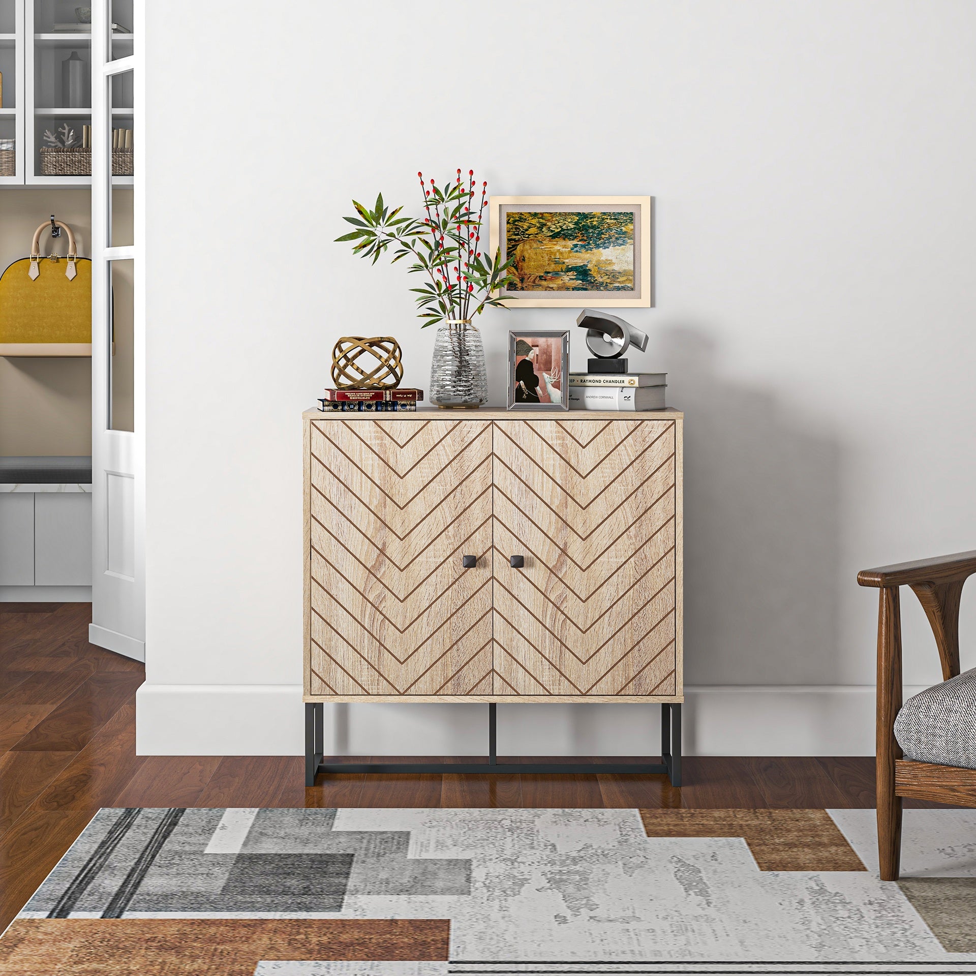 HOMCOM 31.5" Buffet Cabinet, Modern Sideboard with Adjustable Shelf, Steel Base and 2 Chevron Doors, Natural Wood