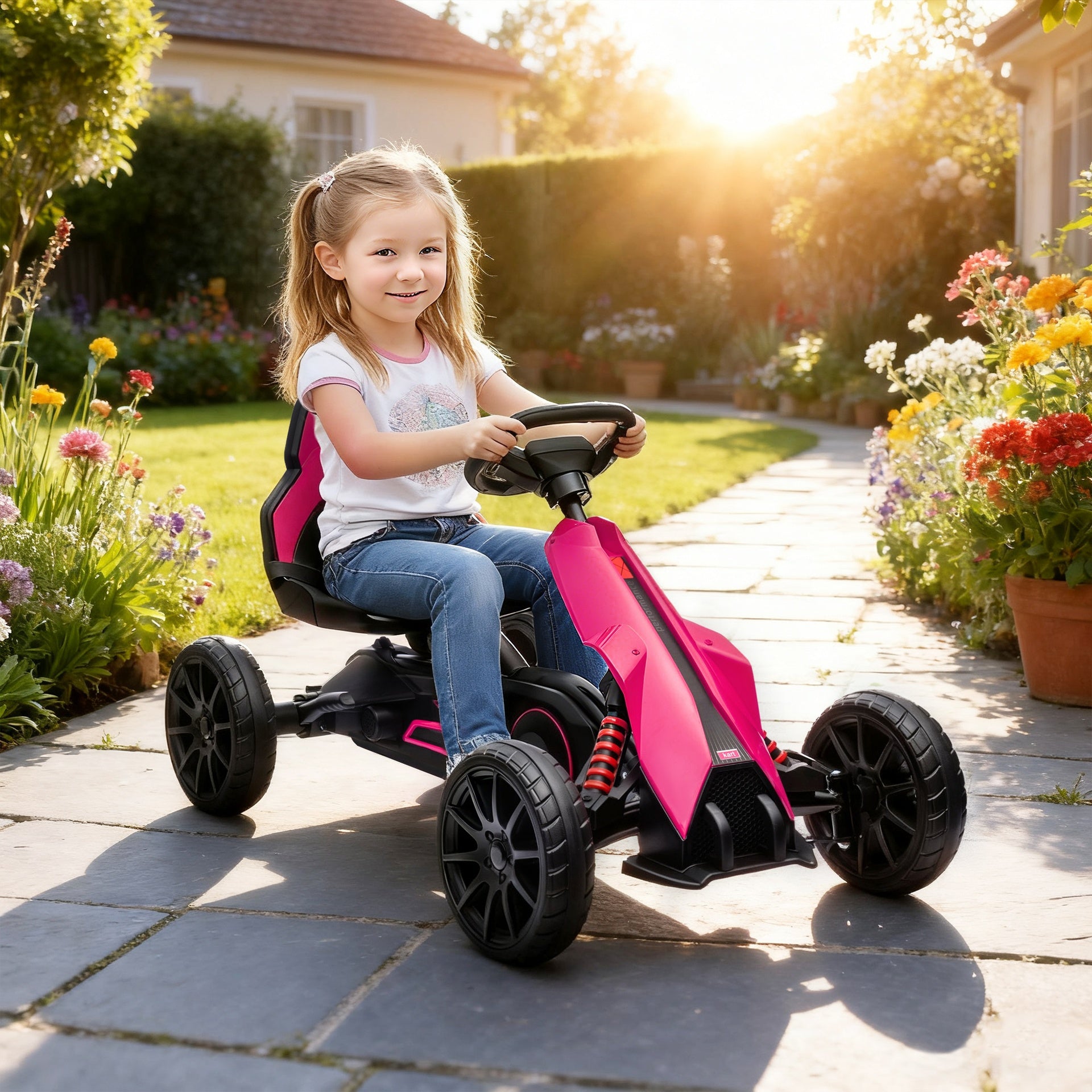 Aosom Kids Pedal Go Kart W/ Adjustable Seat, Swing Axle, Pink
