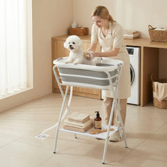 PawHut Dog Bath Tub Dog Washing Station, Elevated Foldable Dog Bathtub with Hose, Storage Shelf, for Small Dogs Puppies Gray