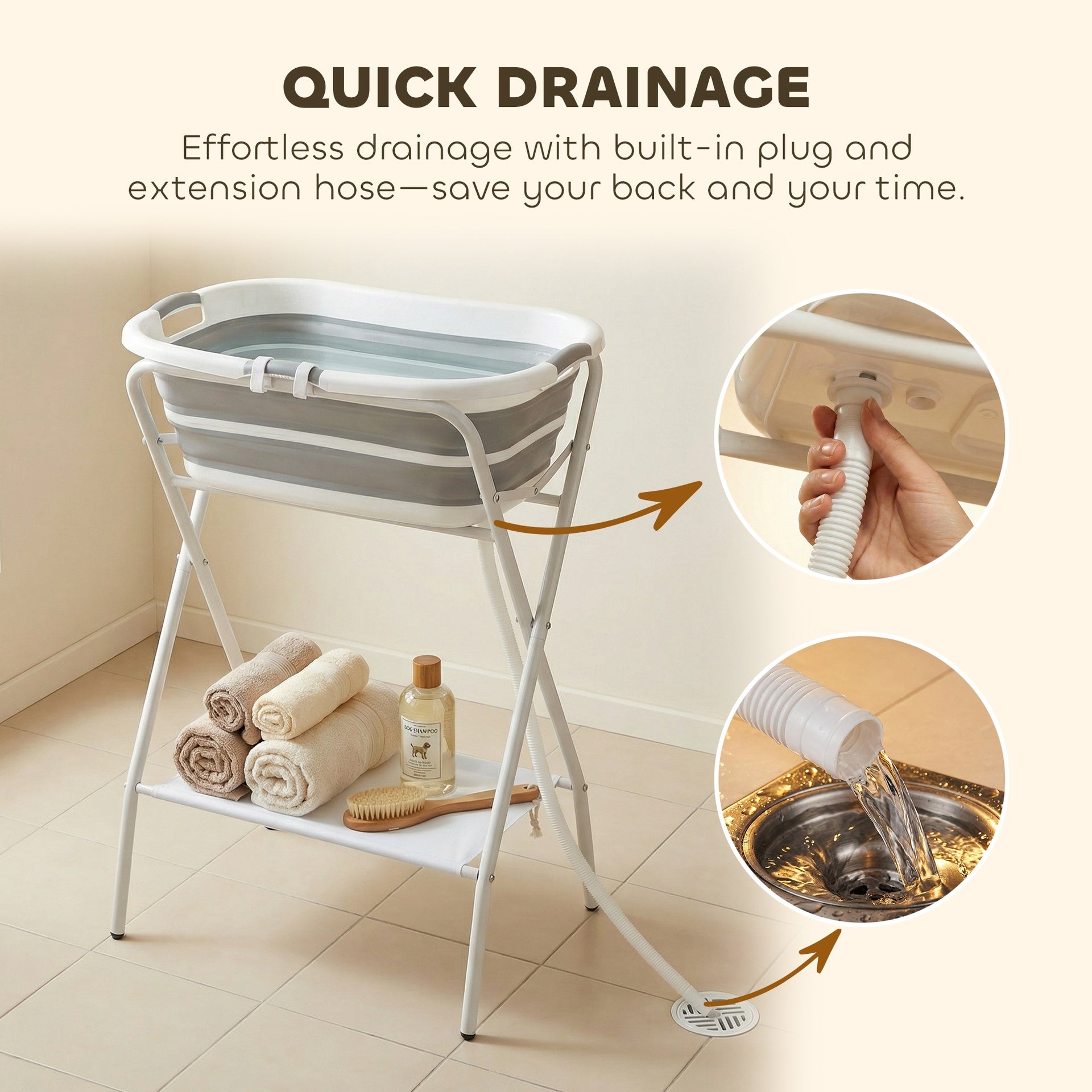 PawHut Dog Bath Tub Dog Washing Station, Elevated Foldable Dog Bathtub with Hose, Storage Shelf, for Small Dogs Puppies Gray