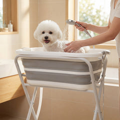 PawHut Dog Bath Tub Dog Washing Station, Elevated Foldable Dog Bathtub with Hose, Storage Shelf, for Small Dogs Puppies Gray